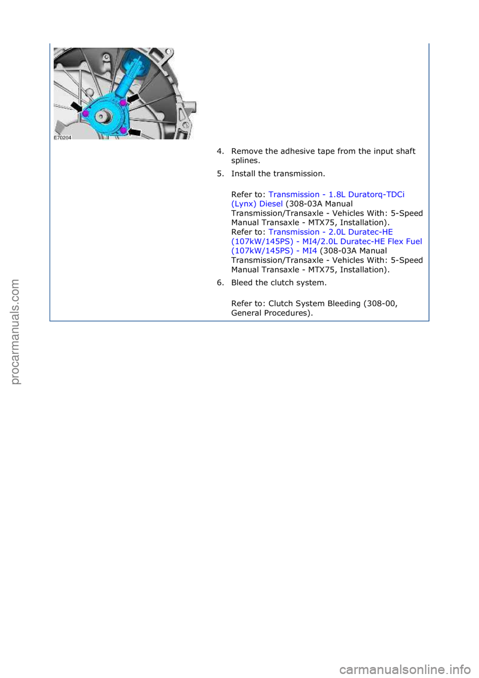 FORD GALAXY 2006  Service Repair Manual 4. Remove\fthe\f\bdhesive\ft\bpe\ffrom\fthe\finput\fsh\bft\fsplines.\f
5. Inst\bll\fthe\ftr\bnsmission.\f
Refer\fto:\f Tr\bnsmission\f-\f1.8L\fDur\btorq-TDCi\f
(L y

nx)\fDiesel \f(308-03A\fM\bnu\bl\f