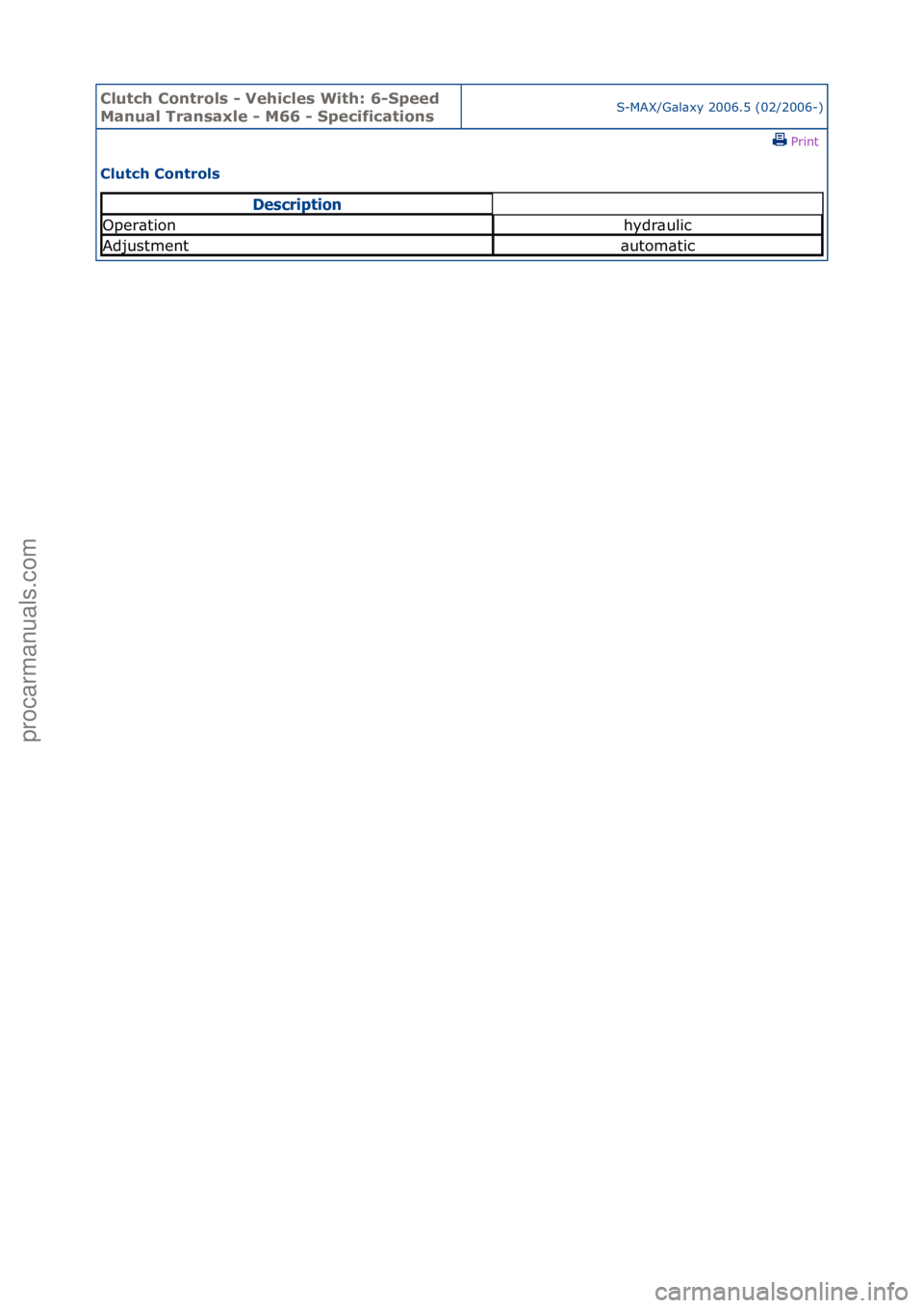 FORD GALAXY 2006  Service Repair Manual Clutch C\bntr\bls \f Vehicles With: 6\fSpeed 
Manual Transaxle \f M66 \f Specificati\bnsS-MAX/G\bl\bxy\f2006.5\f(02/2006-)\fPrint \f
Clutch C\bntr\bls 
Descrip\bion
Oper\btionhydr\bulic
Adjustment\but
