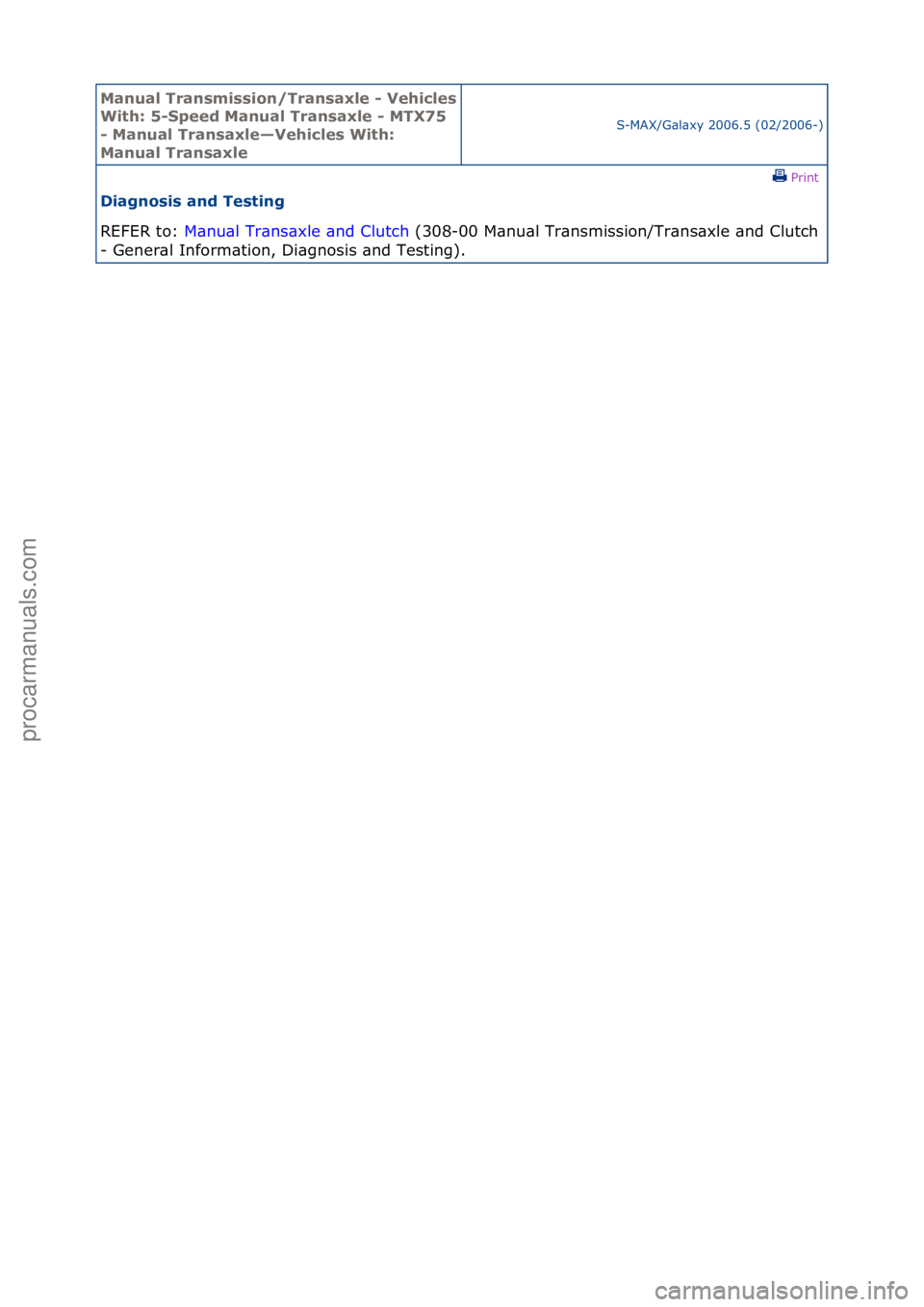 FORD GALAXY 2006  Service Repair Manual Manual T\bansmissi\fn/T\bansaxle - Vehicles 
With: 5-Speed Manual T\bansaxle - MTX75 
- Manual T\bansaxle—Vehicles With: 
Manual T\bansaxleS-MAX/G\bl\bxy\f2006.5\f(02/2006-)\fPrint \f
Diagn\fsis and