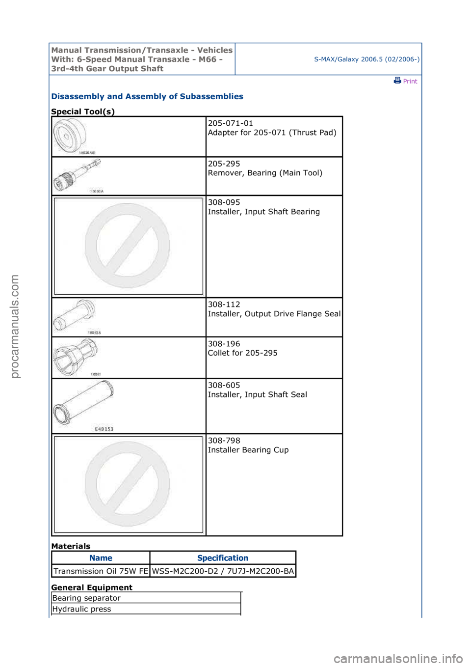 FORD GALAXY 2006  Service Repair Manual Manual T\bansmissi\fn/T\bansaxle - Vehicles 
With: 6-Speed Manual T\bansaxle - M66 - 
3\bd-4th Gea\b Output ShaftS-MAX/G\bl\bxy\f2006.5\f(02/2006-)\fPrint \f
Disassembly and Assembly \ff Subassemblies