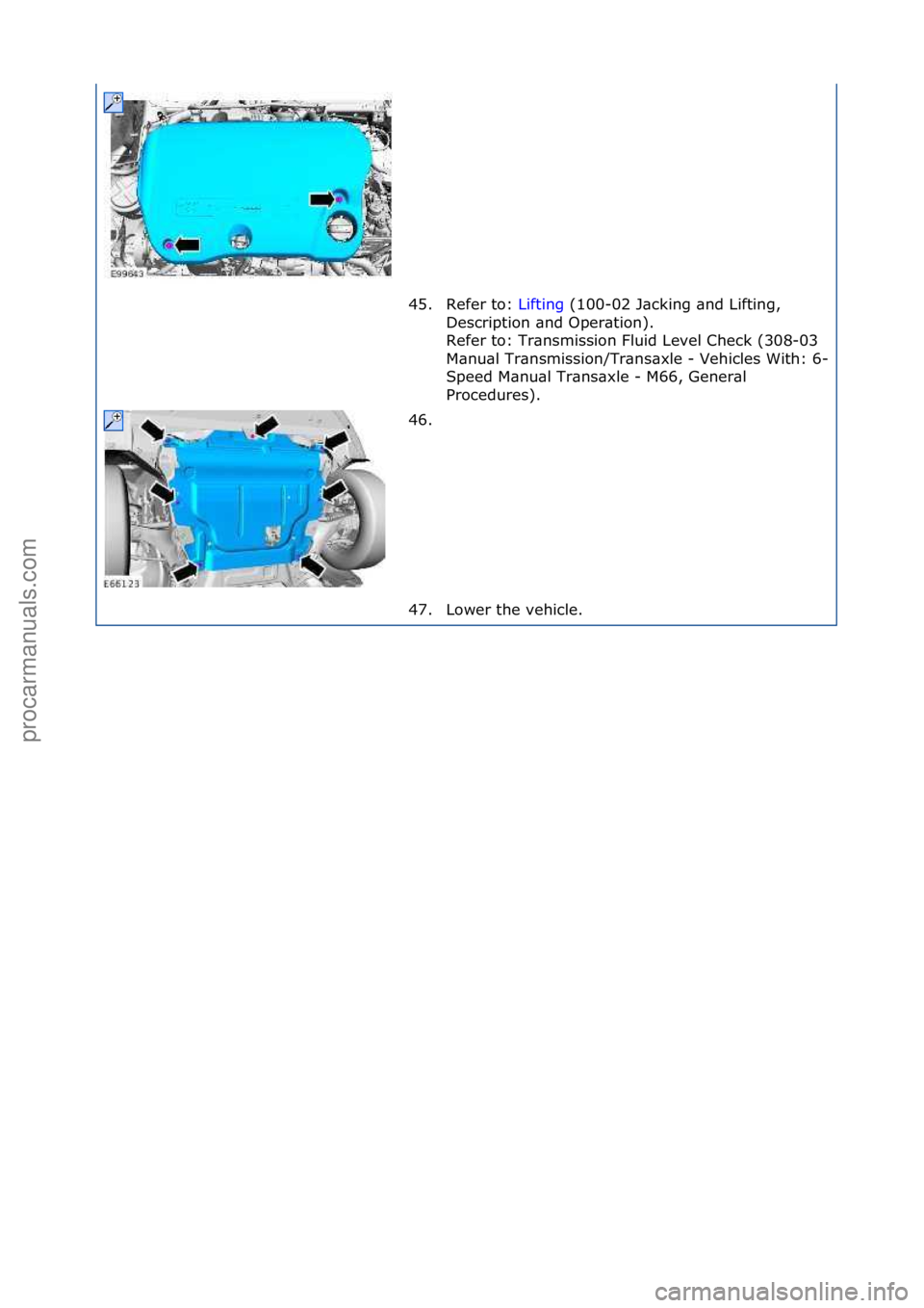 FORD GALAXY 2006  Service Repair Manual 45. Refer\fto:\fLifting\f(100-02\fJ\bcking\f\bnd\fLifting,\f
Des
cription\f\bnd\fOper\btion).\f
Refer\fto:\fTr\bnsmission\fFluid\fLevel\fCheck\f(308-03\f
M\bnu\bl\fTr\bnsmission/Tr\bns\bxle\f-\fVehicl