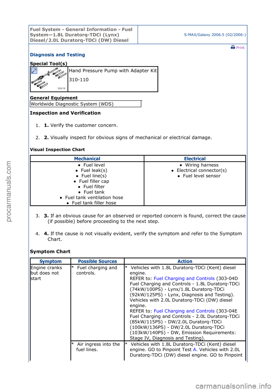 FORD GALAXY 2006  Service Repair Manual Fuel Sy\btem - \feneral Information - Fuel 
Sy\btem—1.8L Duratorq-TDCi (Lynx) 
Die\bel/2.0L Duratorq-TDCi (DW) Die\bel
S-MAX/G\bl\bxy\f2006.5\f(02/2006-)\fPrint \f
Diagno\bi\b and Te\bting 
Special 