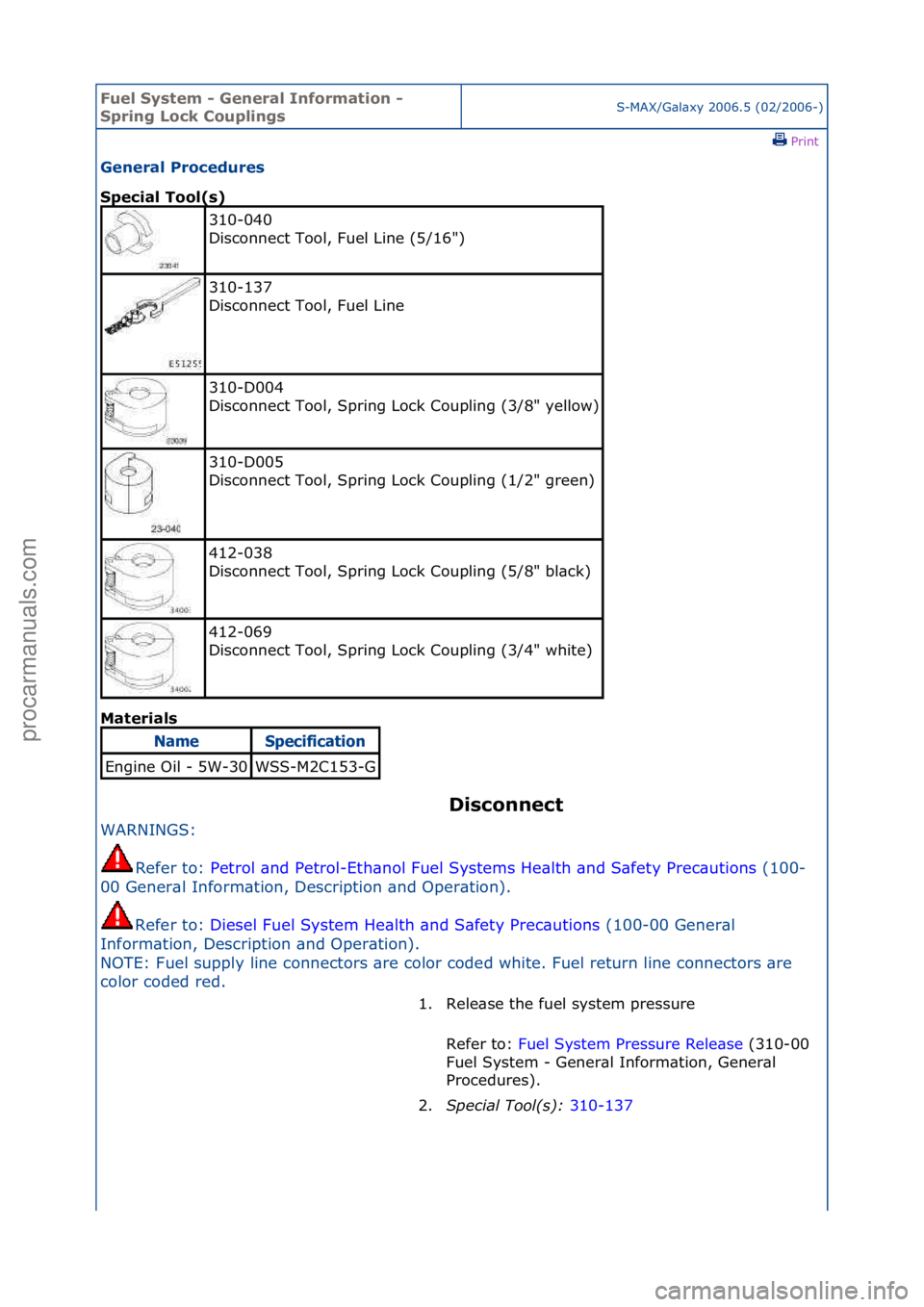 FORD GALAXY 2006  Service Repair Manual Fuel Sy\btem - \feneral Information - 
Spring Lock Coupling\bS-MAX/G\bl\bxy\f2006.5\f(02/2006-)\fPrint \f
\feneral Procedure\b 
Special Tool(\b) 
Mat

erial\b  Di\bconnect 
WARNINGS:\f
Re

fer\fto:\f 