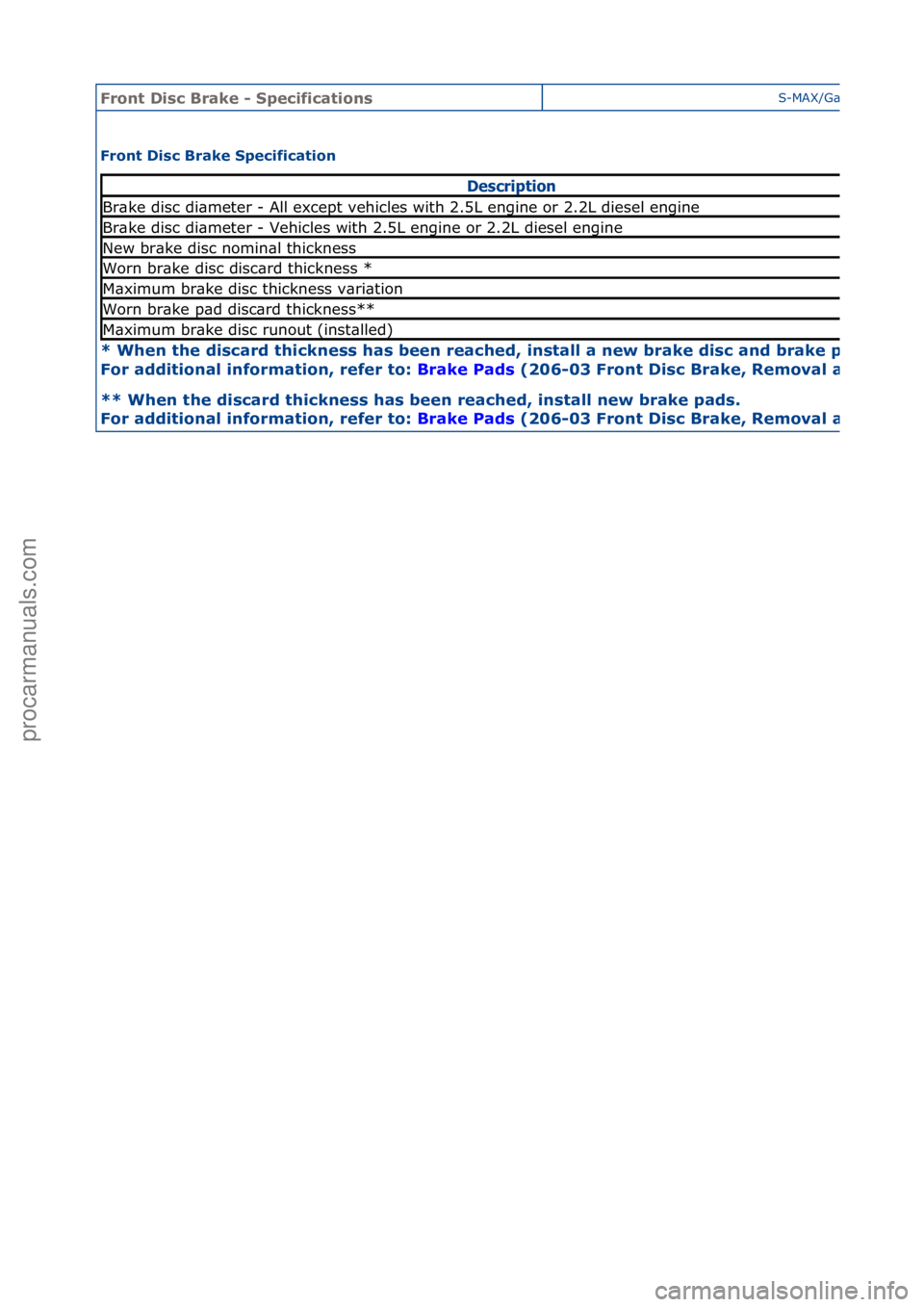 FORD GALAXY 2006 Service Repair Manual Front D\bsc Br\fke - Spec\bf\bc\ft\bonsS-MAX/G\bl\bxy\f2006.5\f(02/2006
Front D\bsc Br\fke Spec\bf\bc\ft\bon
* When the d\bsc\frd th\bckness h\fs been re\fched, \bnst\fll \f new br\fke d\bsc \fnd br\ FORD GALAXY 2006 Service Repair Manual Front D\bsc Br\fke - Spec\bf\bc\ft\bonsS-MAX/G\bl\bxy\f2006.5\f(02/2006
Front D\bsc Br\fke Spec\bf\bc\ft\bon
* When the d\bsc\frd th\bckness h\fs been re\fched, \bnst\fll \f new br\fke d\bsc \fnd br\