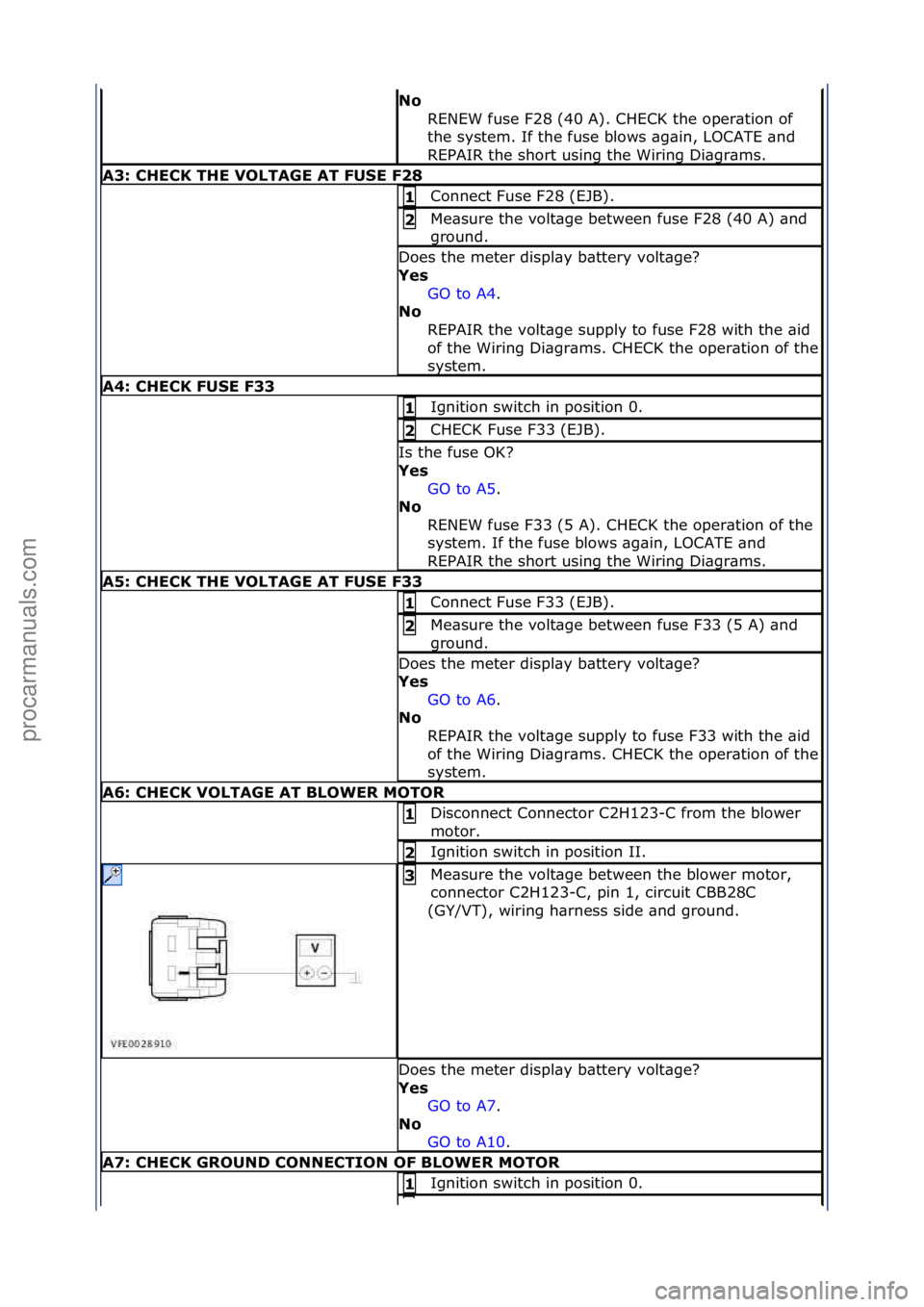FORD GALAXY 2006  Service Repair Manual No\bRENEW\ffuse\fF28\f(40\fA).\fCHECK\fthe\foper\btion\fof\f
the\fsystem.\fIf\fthe\ffuse\fblows\f\bg\bin,\fLOCATE\f\bnd\f
REPAIR\fthe\fshort\fusing\fthe\fWiring\fDi\bgr\bms.\f
A3:\bCHECK\bTHE\bVOLTAGE
