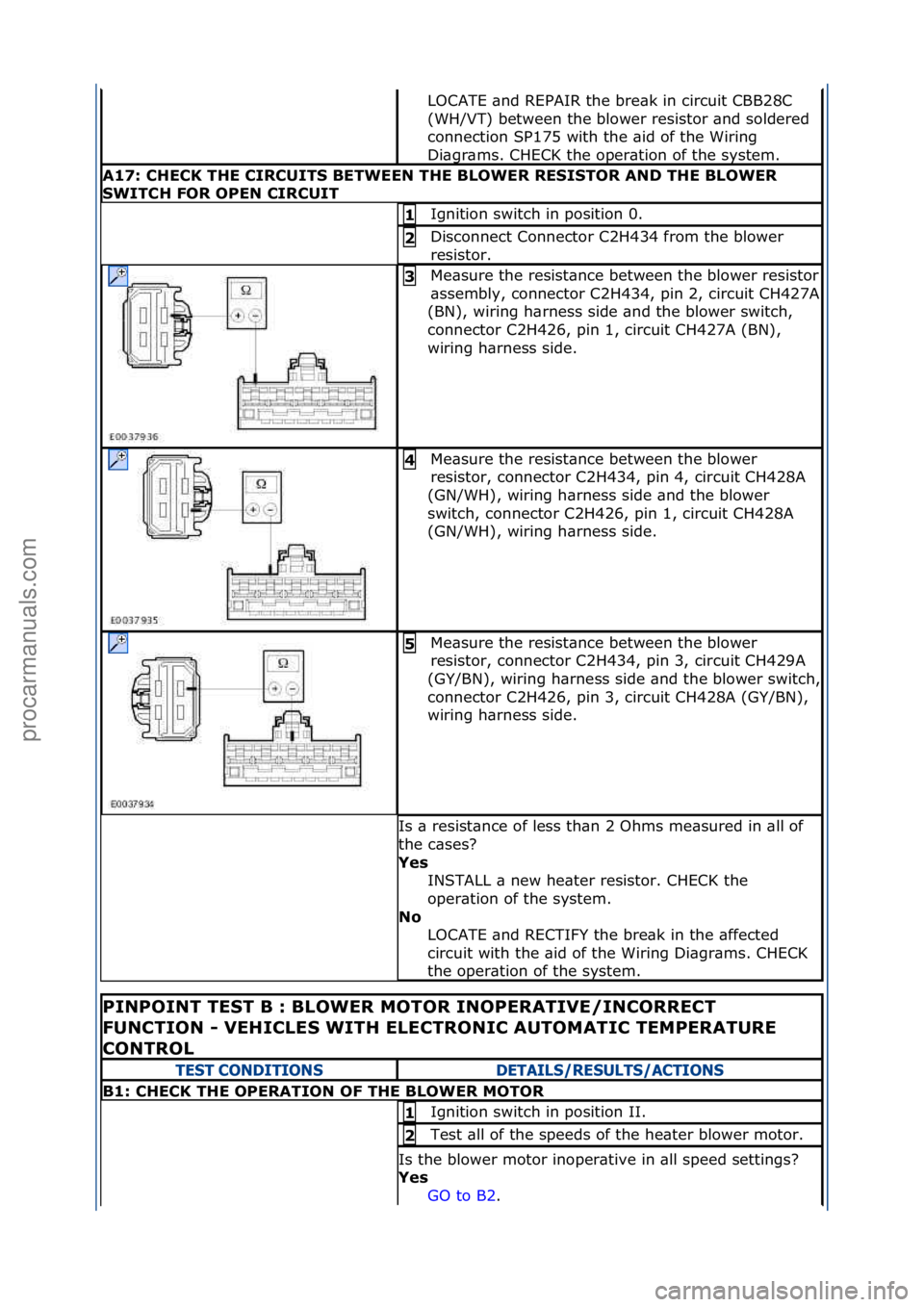 FORD GALAXY 2006  Service Repair Manual LOCATE\f\bnd\fREPAIR\fthe\fbre\bk\fin\fcircuit\fCBB28C\f
(WH/VT)\fbetween\fthe\fblower\fresistor\f\bnd\fsoldered\f
connection\fSP175\fwith\fthe\f\bid\fof\fthe\fWiring\f
Di\bgr\bms.\fCHECK\fthe\foper\b