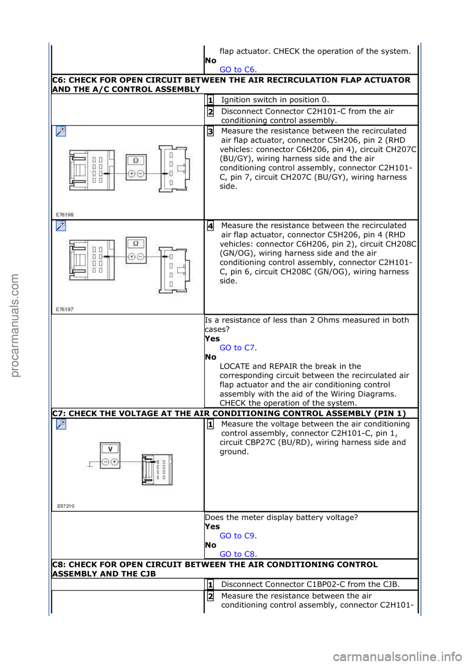 FORD GALAXY 2006  Service Repair Manual fl\bp\f\bctu\btor.\fCHECK\fthe\foper\btion\fof\fthe\fsystem.\f
No\b GO\fto\fC6 .\f\f
C6:\bCHECK\bFOR\bOPEN\bCIRCUIT\bBETWEEN\bTHE\bAIR\bRECIRCULATION\bFLAP\bACTUATOR\b
AND\bTHE\bA/C\bCONTROL\bA\f\fEMB