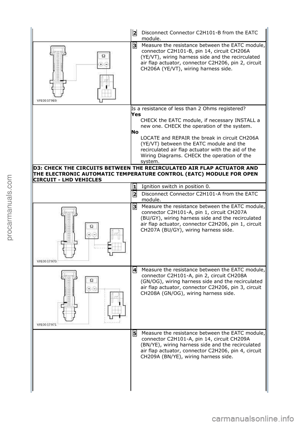 FORD GALAXY 2006  Service Repair Manual Disconnect\fConnector\fC2H101-B\ffrom\fthe\fEATC\f
module.\f2\b
Me\bsure\fthe\fresist\bnce\fbetween\fthe\fEATC\fmodule,\f
connector\fC2H101-B,\fpin\f14,\fcircuit\fCH206A\f
(YE/VT),\fwiring\fh\brness\f