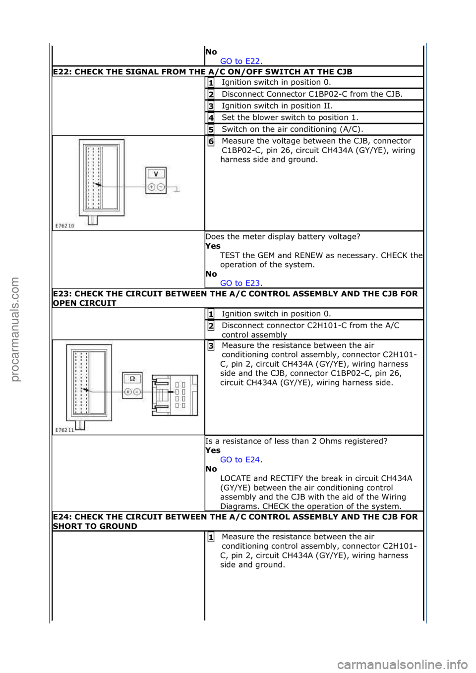 FORD GALAXY 2006  Service Repair Manual No\bGO\fto\fE22 .\f\f
E22:\bCHECK\bTHE\b\fIGNAL\bFROM\bTHE\bA/C\bON/OFF\b\fWITCH\bAT\bTHE\bCJB
Ignition\fswitch\fin\fposition\f0.\f1\b
Disconnect\fConnector\fC1BP02-C\ffrom\fthe\fCJB.\f2\b
Ignition\fs