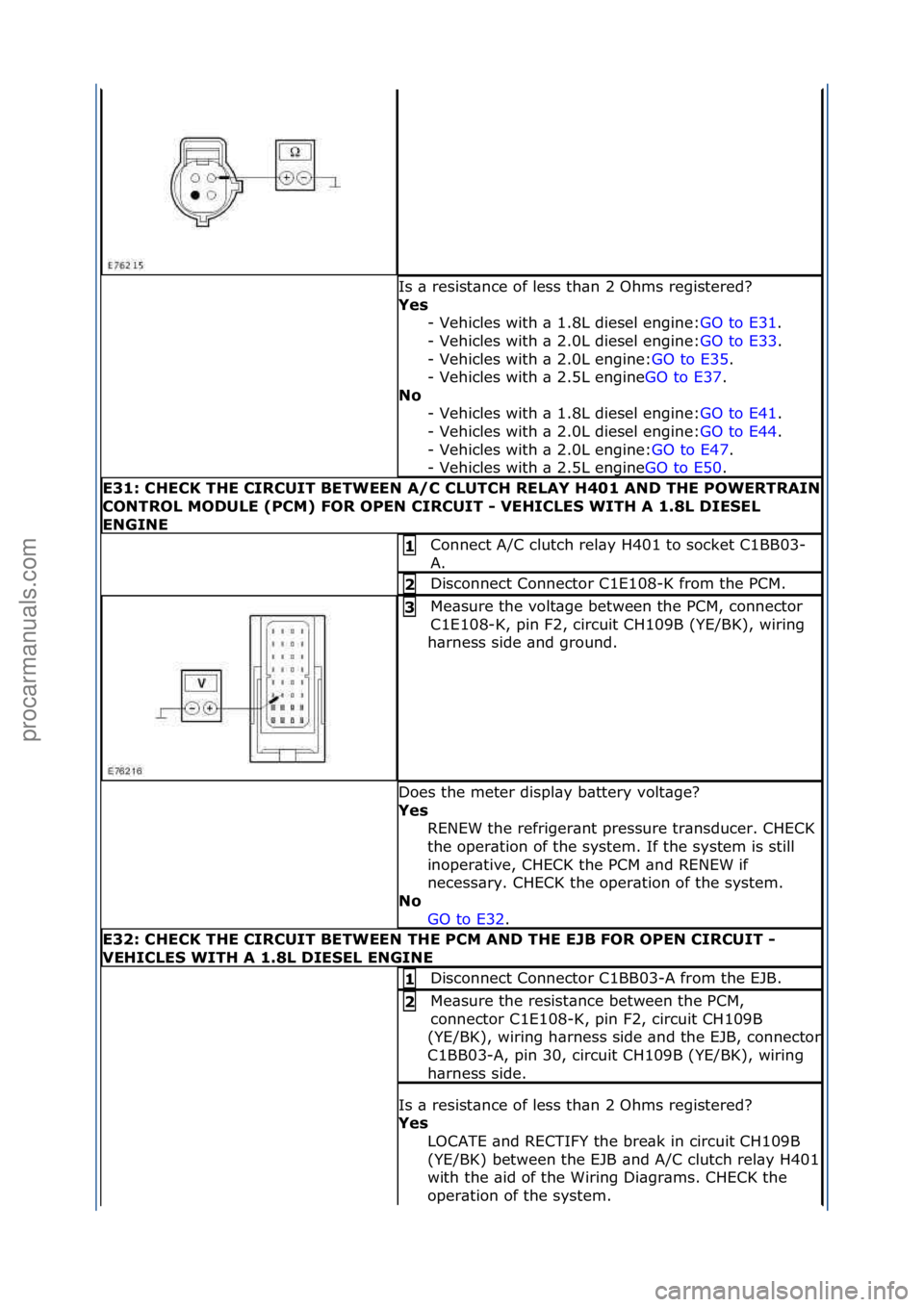 FORD GALAXY 2006  Service Repair Manual Is\f\b\fresist\bnce\fof\fless\fth\bn\f2\fOhms\fregistered?\f
Yes\b-\fVehicles\fwith\f\b\f1.8L\fdiesel\fengine: GO\fto\fE31.\f\f
-\fV

ehicles\fwith\f\b\f2.0L\fdiesel\fengine: GO\fto\fE33.\f\f
-\f V

e