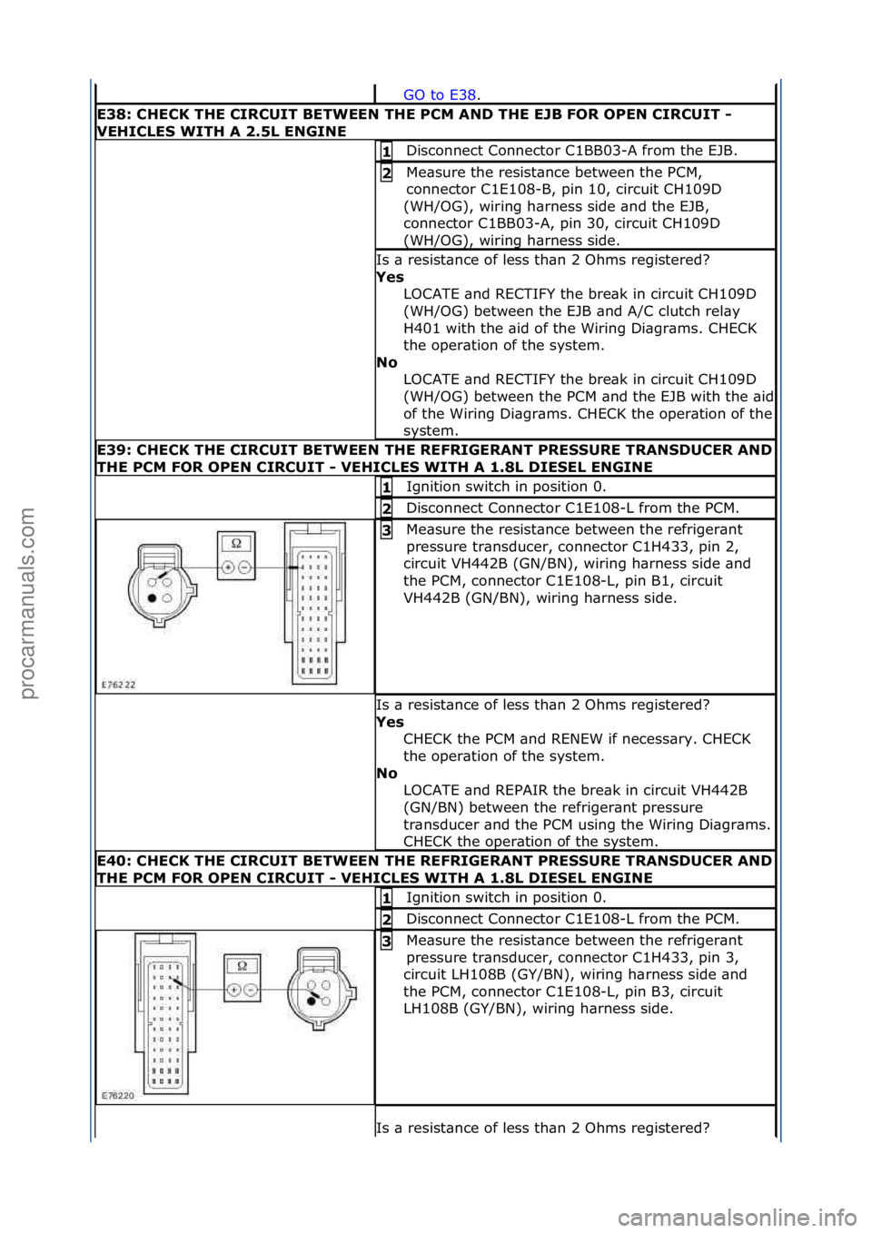 FORD GALAXY 2006  Service Repair Manual GO\fto\fE38.\f\f
E38:\bCHECK\bTHE\bCIRCUIT\bBETWEEN\bTHE\bPCM\bAND\bTHE\bEJB\bFOR\bOPEN\bCIRCUIT\b-\b
VEHICLE\f\bWITH\bA\b2.5L\bENGINE
Disconnect\fConnector\fC1BB03-A\ffrom\fthe\fEJB.\f1\b
Me\bsure\ft