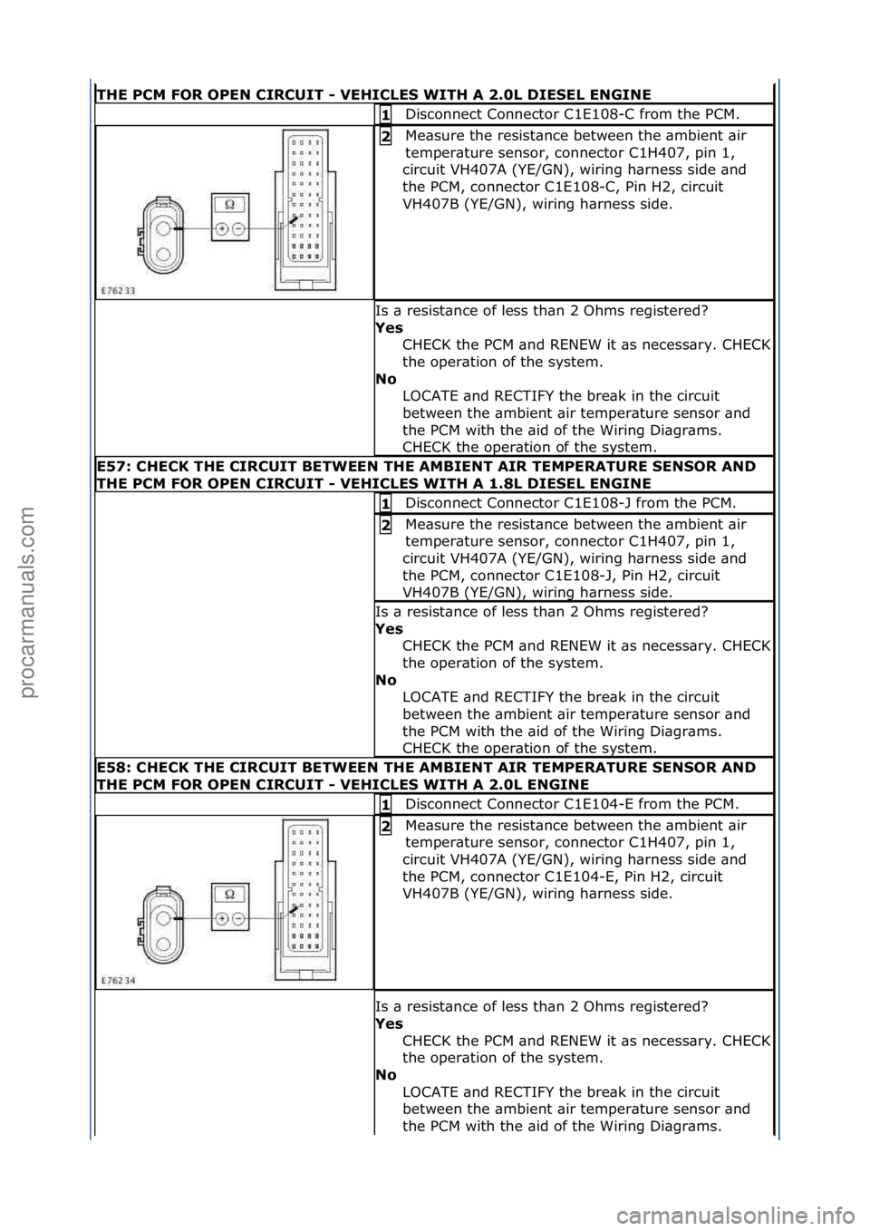FORD GALAXY 2006  Service Repair Manual THE\bPCM\bFOR\bOPEN\bCIRCUIT\b-\bVEHICLE\f\bWITH\bA\b2.0L\bDIE\fEL\bENGINE
Disconnect\fConnector\fC1E108-C\ffrom\fthe\fPCM.\f1\b
Me\bsure\fthe\fresist\bnce\fbetween\fthe\f\bmbient\f\bir\f
temper\bture