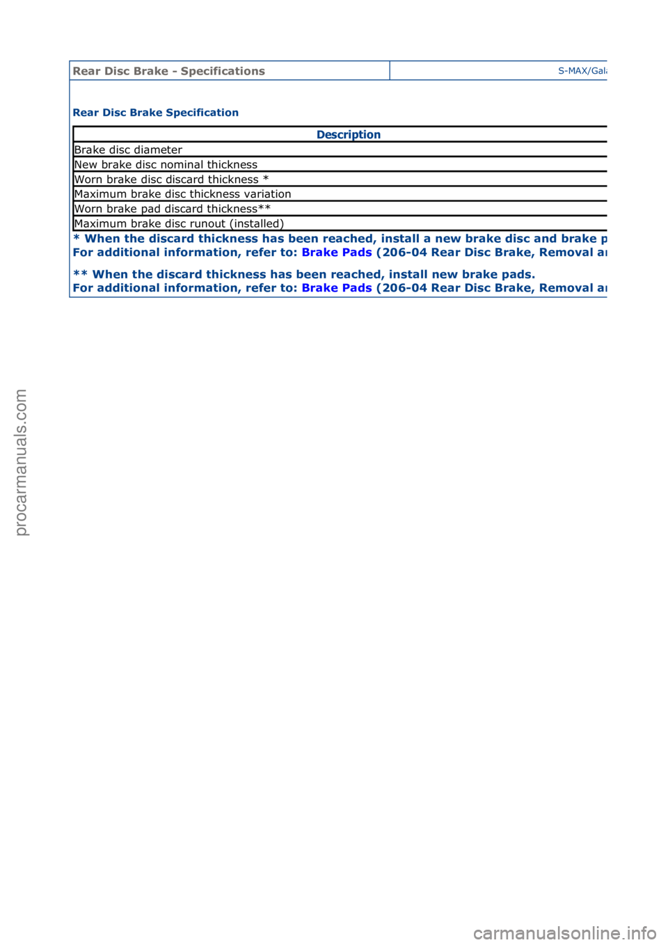 FORD GALAXY 2006 Service Repair Manual Rear Di\bc Brake \f Specification\bS-MAX/G\bl\bxy\f2006.5\f(02/2006
Rear Di\bc Brake Specification
* When the di\bcard thickne\b\b ha\b been reached, in\btall a new brake di\bc and brake pad\b.
For FORD GALAXY 2006 Service Repair Manual Rear Di\bc Brake \f Specification\bS-MAX/G\bl\bxy\f2006.5\f(02/2006
Rear Di\bc Brake Specification
* When the di\bcard thickne\b\b ha\b been reached, in\btall a new brake di\bc and brake pad\b.
For
