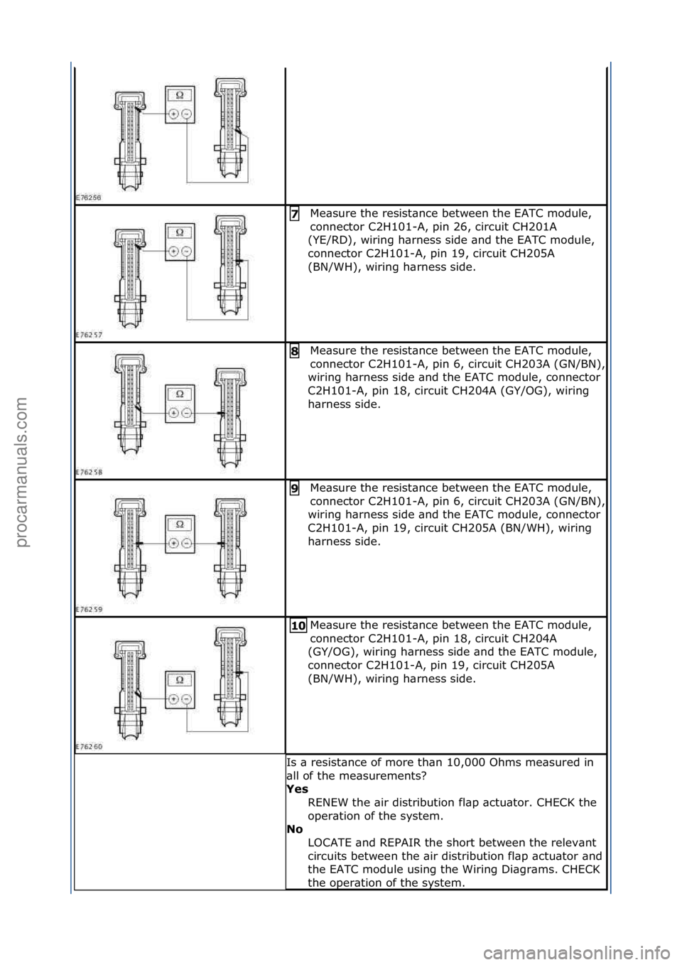 FORD GALAXY 2006  Service Repair Manual Me\bsure\fthe\fresist\bnce\fbetween\fthe\fEATC\fmodule,\f
connector\fC2H101-A,\fpin\f26,\fcircuit\fCH201A\f
(YE/RD),\fwiring\fh\brness\fside\f\bnd\fthe\fEATC\fmodule,\f
connector\fC2H101-A,\fpin\f19,\