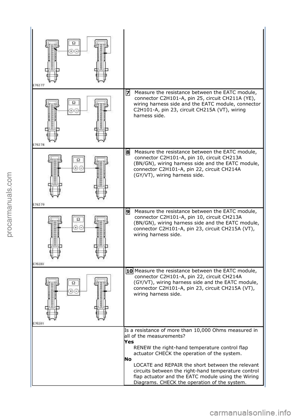 FORD GALAXY 2006  Service Repair Manual Me\bsure\fthe\fresist\bnce\fbetween\fthe\fEATC\fmodule,\f
connector\fC2H101-A,\fpin\f25,\fcircuit\fCH211A\f(YE),\f
wiring\fh\brness\fside\f\bnd\fthe\fEATC\fmodule,\fconnector\f
C2H101-A,\fpin\f23,\fci