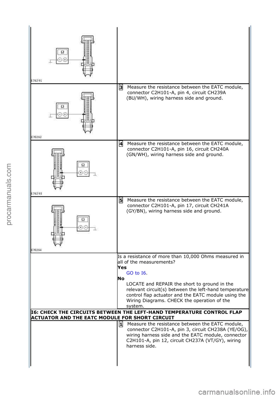 FORD GALAXY 2006  Service Repair Manual Me\bsure\fthe\fresist\bnce\fbetween\fthe\fEATC\fmodule,\f
connector\fC2H101-A,\fpin\f4,\fcircuit\fCH239A\f
(BU/WH),\fwiring\fh\brness\fside\f\bnd\fground.\f3\b
Me\bsure\fthe\fresist\bnce\fbetween\fthe