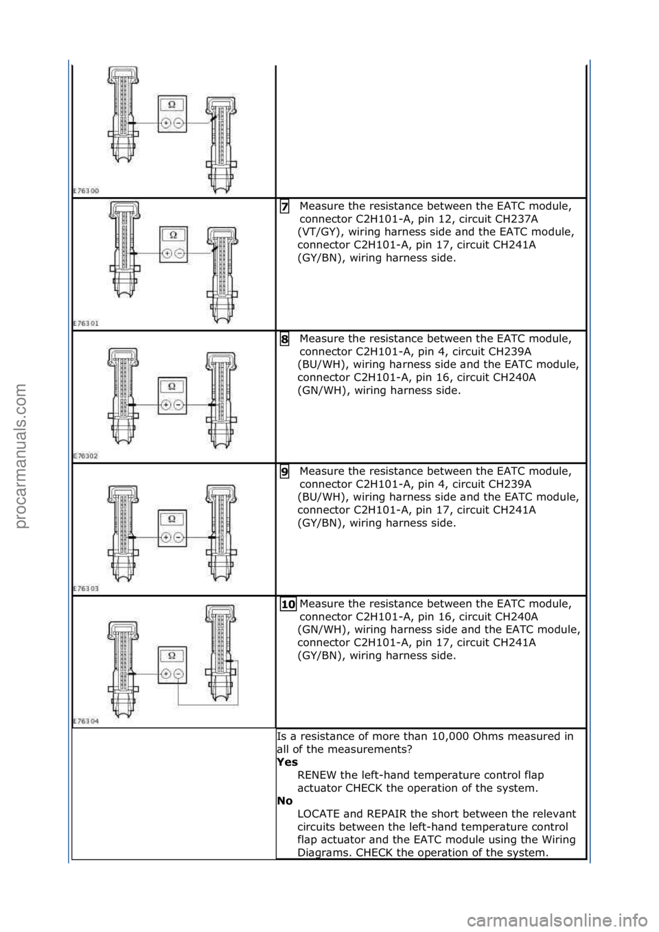 FORD GALAXY 2006  Service Repair Manual Me\bsure\fthe\fresist\bnce\fbetween\fthe\fEATC\fmodule,\f
connector\fC2H101-A,\fpin\f12,\fcircuit\fCH237A\f
(VT/GY),\fwiring\fh\brness\fside\f\bnd\fthe\fEATC\fmodule,\f
connector\fC2H101-A,\fpin\f17,\