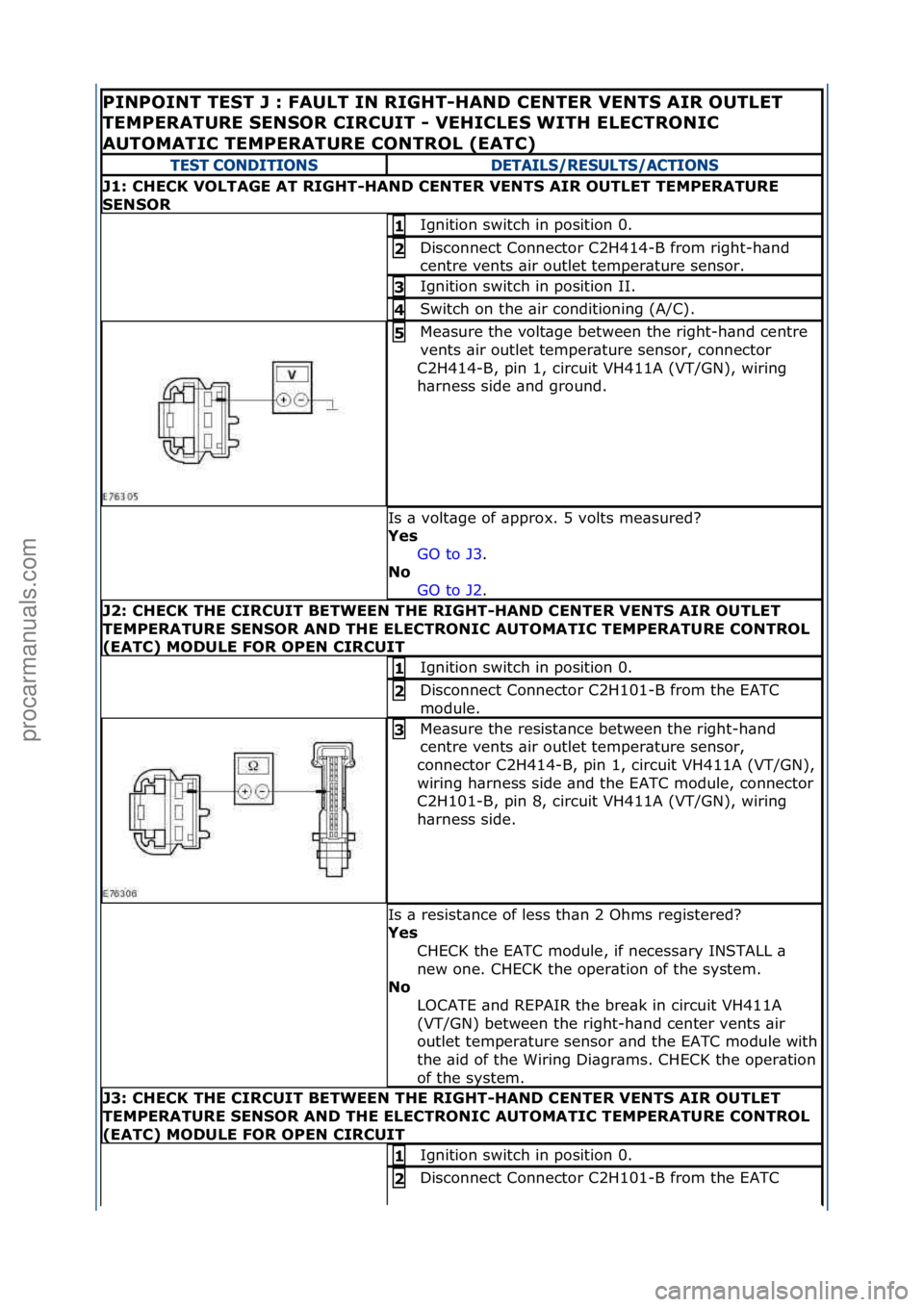 FORD GALAXY 2006  Service Repair Manual PINPOINT\bTE\fT\bJ\b:\bFAULT\bIN\bRIGHT-HAND\bCENTER\bVENT\f\bAIR\bOUTLET\b
TEMPERATURE\b\fEN\fOR\bCIRCUIT\b-\bVEHICLE\f\bWITH\bELECTRONIC\b
AUTOMATIC\bTEMPERATURE\bCONTROL\b(EATC)\b
TEST CONDITIONSDE