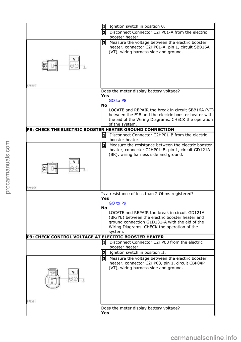 FORD GALAXY 2006  Service Repair Manual Ignition\fswitch\fin\fposition\f0.\f1\b
Disconnect\fConnector\fC2HP01-A\ffrom\fthe\felectric\f
booster\fhe\bter.\f2\b
Me\bsure\fthe\fvolt\bge\fbetween\fthe\felectric\fbooster\f
he\bter,\fconnector\fC2