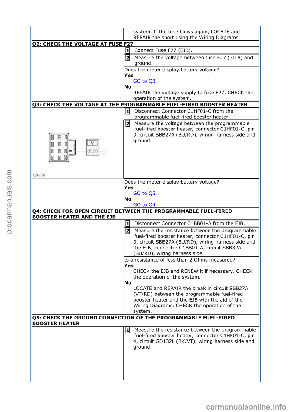 FORD GALAXY 2006  Service Repair Manual system.\fIf\fthe\ffuse\fblows\f\bg\bin,\fLOCATE\f\bnd\f
REPAIR\fthe\fshort\fusing\fthe\fWiring\fDi\bgr\bms.\f
Q2:\bCHECK\bTHE\bVOLTAGE\bAT\bFU\fE\bF27
Connect\fFuse\fF27\f(EJB).\f1\b
Me\bsure\fthe\fvo