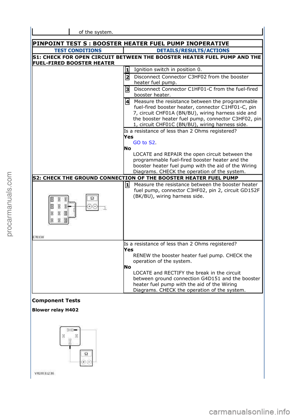 FORD GALAXY 2006  Service Repair Manual Component\bTests\b
Blower\brelay\bH402\b
of\fthe\fsystem.\f
PINPOINT\bTE\fT\b\f\b:\bBOO\fTER\bHEATER\bFUEL\bPUMP\bINOPERATIVE\b
TEST CONDITIONSDETAILS/RESULTS/ACTIONS
\f1:\bCHECK\bFOR\bOPEN\bCIRCUIT\b