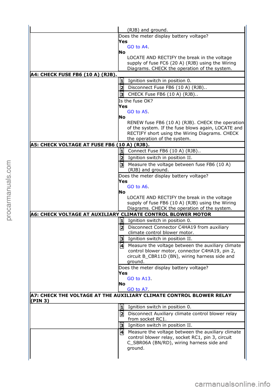 FORD GALAXY 2006  Service Repair Manual (RJB)\f\bnd\fground.\f
Does\fthe\fmeter\fdispl\by\fb\bttery\fvolt\bge?\f
Yes\bGO\fto\fA4.\f\f
No\b L

OCATE\fAND\fRECTIFY\fthe\fbre\bk\fin\fthe\fvolt\bge\f
supply\fof\ffuse\fFC6\f(20\fA)\f(RJB)\fusing