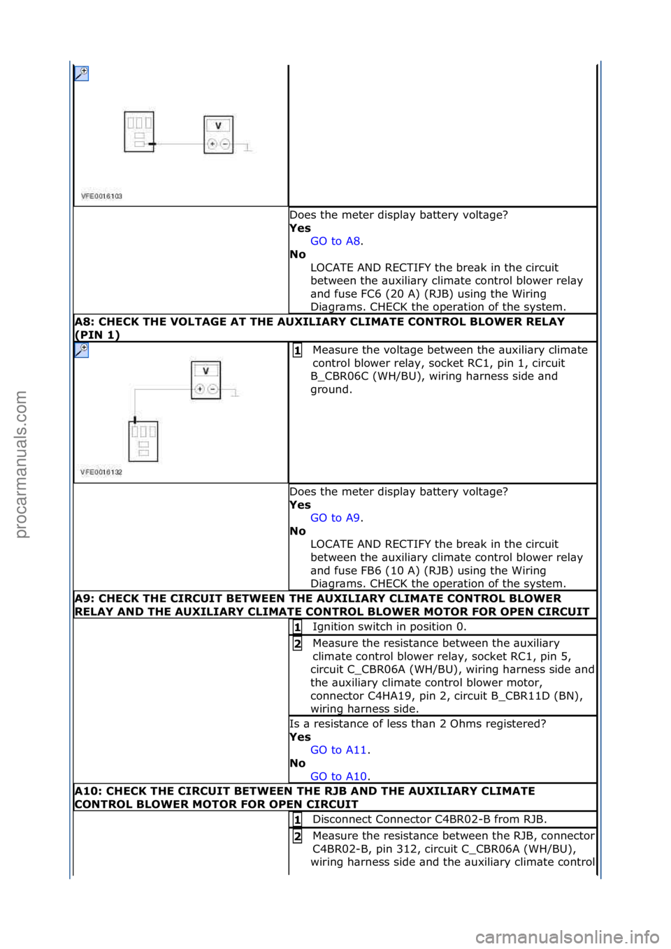FORD GALAXY 2006  Service Repair Manual Does\fthe\fmeter\fdispl\by\fb\bttery\fvolt\bge?\f
Yes\bGO\fto\fA8.\f\f
No \b
L

OCATE\fAND\fRECTIFY\fthe\fbre\bk\fin\fthe\fcircuit\f
between\fthe\f\buxili\bry\fclim\bte\fcontrol\fblower\frel\by\f
\bnd