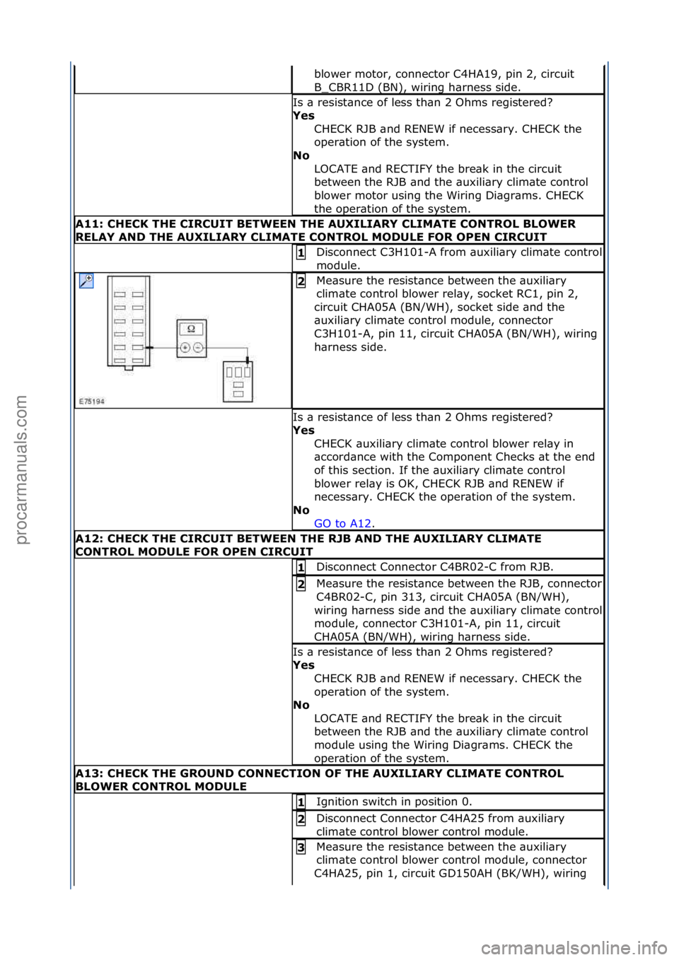 FORD GALAXY 2006  Service Repair Manual blower\fmotor,\fconnector\fC4HA19,\fpin\f2,\fcircuit\f
B_CBR11D\f(BN),\fwiring\fh\brness\fside.\f
Is\f\b\fresist\bnce\fof\fless\fth\bn\f2\fOhms\fregistered?\f
Yes\bCHECK\fRJB\f\bnd\fRENEW\fif\fnecess\