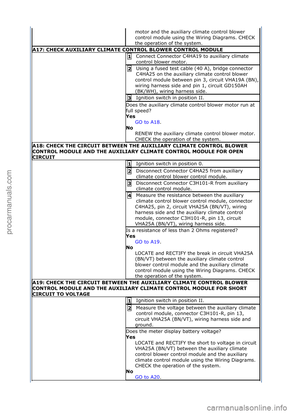 FORD GALAXY 2006  Service Repair Manual motor\f\bnd\fthe\f\buxili\bry\fclim\bte\fcontrol\fblower\f
control\fmodule\fusing\fthe\fWiring\fDi\bgr\bms.\fCHECK\f
the\foper\btion\fof\fthe\fsystem.\f
A17:\bCHECK\bAUXILIARY\bCLIMATE\bCONTROL\bBLOWE
