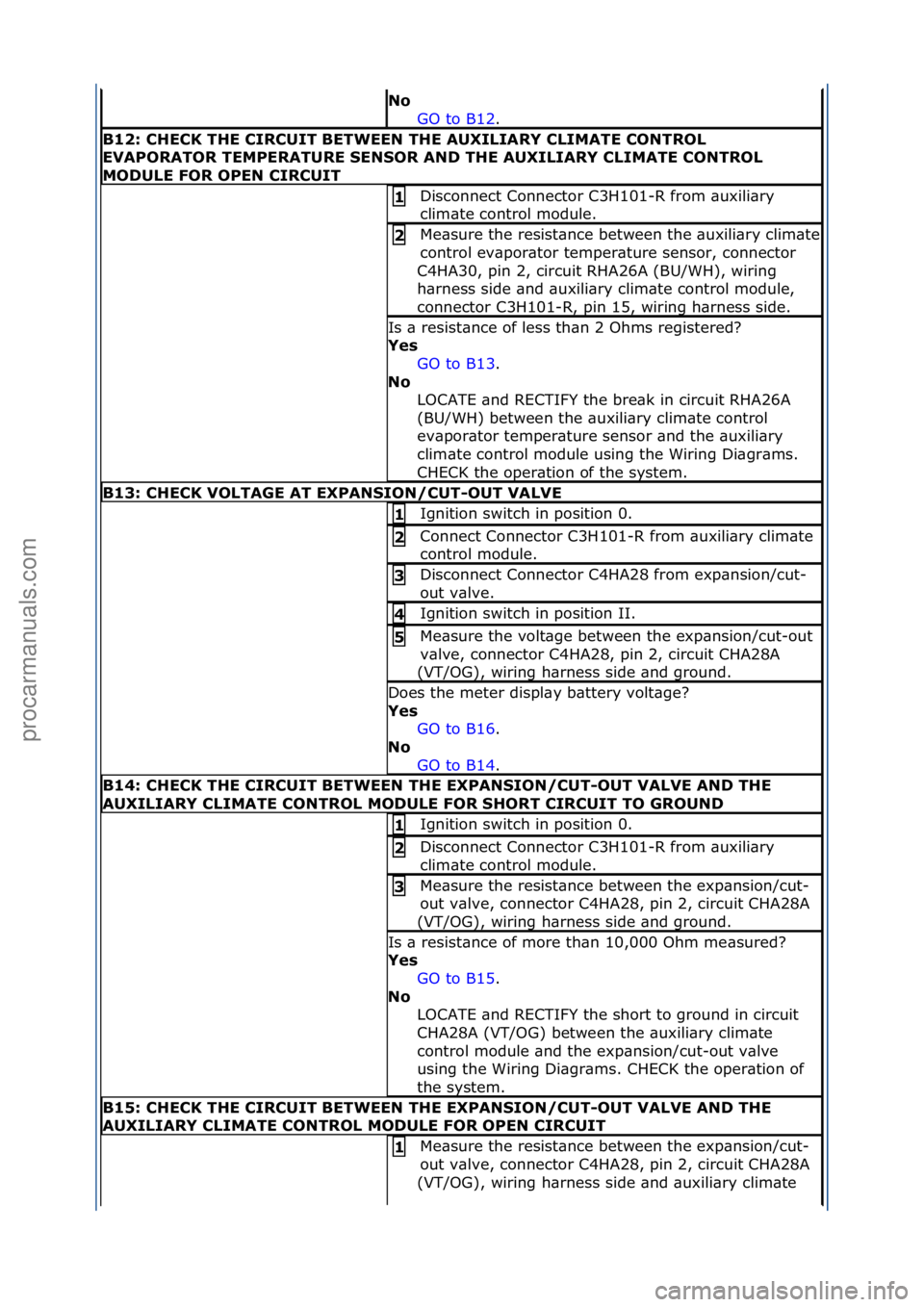 FORD GALAXY 2006  Service Repair Manual No\bGO\fto\fB12.\f\f
B12:\bCHECK\bTHE\bCIRCUIT\bBETWEEN\bTHE\bAUXILIARY\bCLIMATE\bCONTROL\b
EVAPORATOR\bTEMPERATURE\b\fEN\fOR\bAND\bTHE\bAUXILIARY\bCLIMATE\bCONTROL\b
MODULE\bFOR\bOPEN\bCIRCUIT
Discon