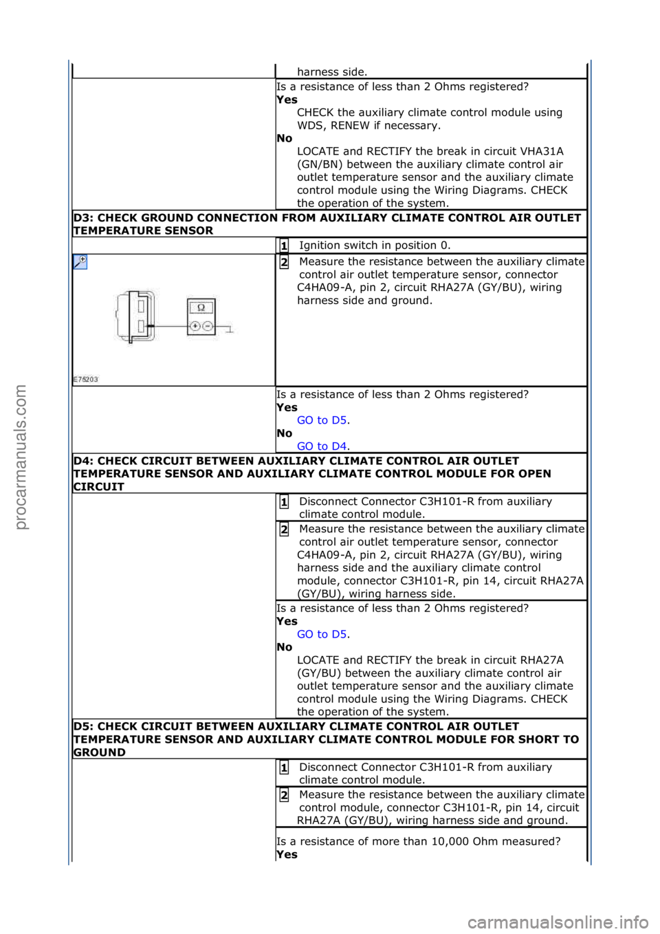 FORD GALAXY 2006  Service Repair Manual h\brness\fside.\f
Is\f\b\fresist\bnce\fof\fless\fth\bn\f2\fOhms\fregistered?\f
Yes\bCHECK\fthe\f\buxili\bry\fclim\bte\fcontrol\fmodule\fusing\f
WDS,\fRENEW\fif\fnecess\bry.\f
No\b
LOCATE\f\bnd\fRECTIF