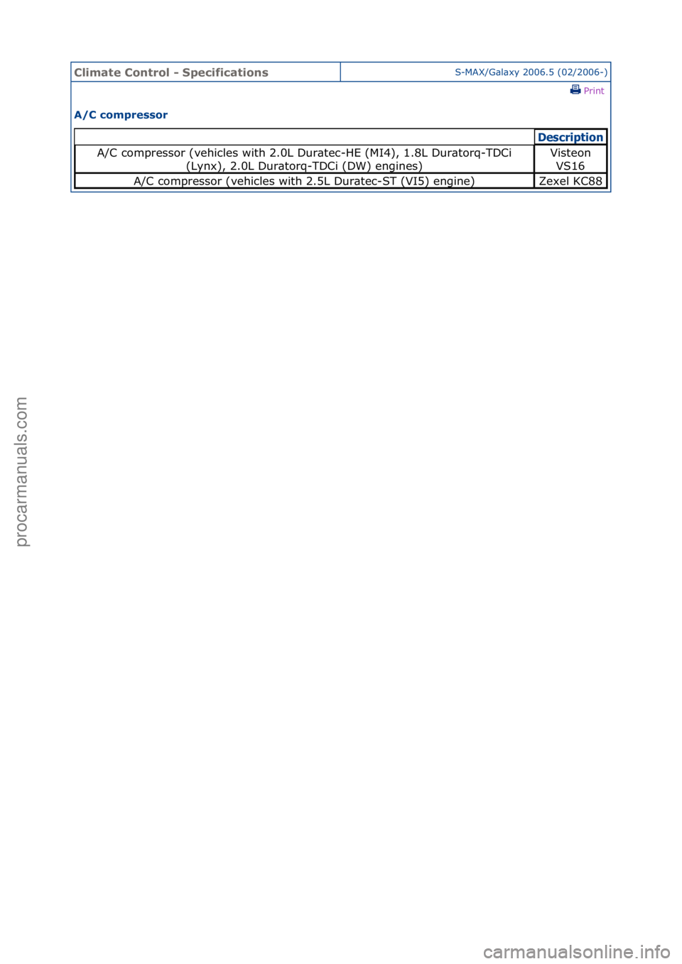 FORD GALAXY 2006  Service Repair Manual Climate\bControl\b\f\bSpecificationsS-MAX/G\bl\bxy\f2006.5\f(02/2006-)\fPrint \f
A/C\bcompressor\b
Descrip\bion
A/C\fcompressor\f(vehicles\fwith\f2.0L\fDur\btec-HE\f(MI4),\f1.8L\fDur\btorq-TDCi\f
(Lyn