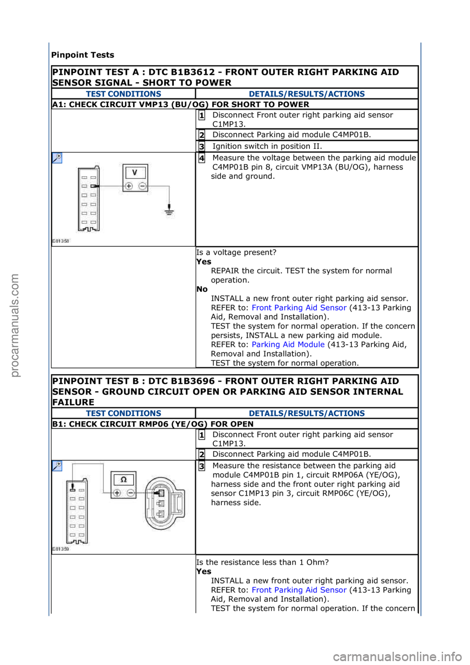 FORD GALAXY 2006  Service Repair Manual Pinpoint\bTests\b
PINPOINT\bTEST\bA\b:\b\fTC\bB1B3612\b-\bFRONT\bOUTER\bRIGHT\bPARKING\bAI\f\b
SENSOR\bSIGNAL\b-\bSHORT\bTO\bPOWER\b\b
TEST CONDITIONSDETAILS/RESULTS/ACTIONS
A1:\bCHECK\bCIRCUIT\bVMP13