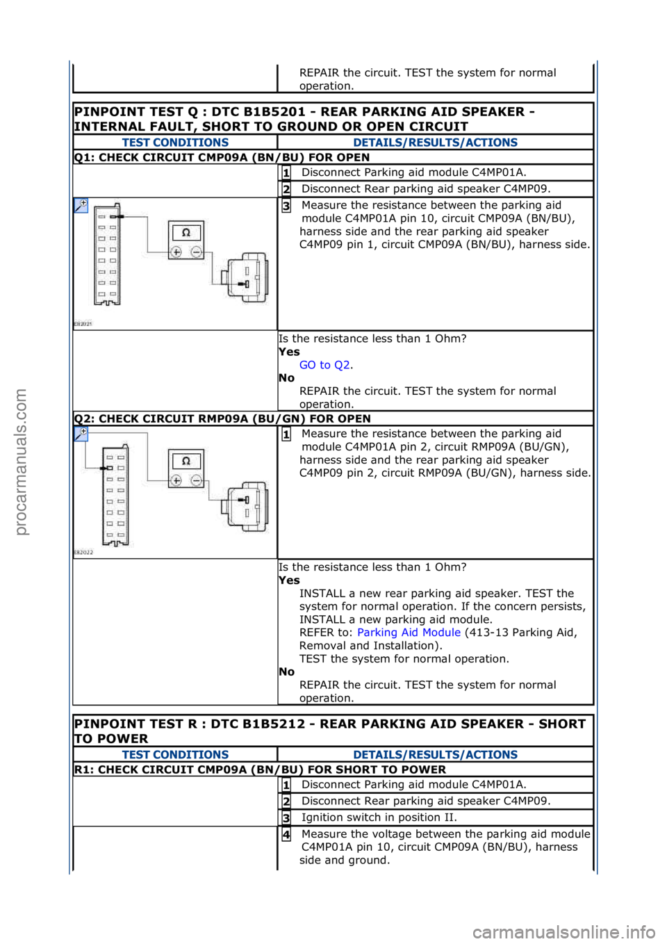 FORD GALAXY 2006  Service Repair Manual REPAIR\fthe\fcircuit.\fTEST\fthe\fsystem\ffor\fnorm\bl\f
oper\btion.\f
PINPOINT\bTEST\bQ\b:\b\fTC\bB1B5201\b-\bREAR\bPARKING\bAI\f\bSPEAKER\b-\b
INTERNAL\bFAULT,\bSHORT\bTO\bGROUN\f\bOR\bOPEN\bCIRCUIT