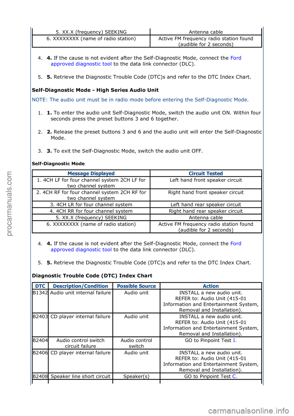 FORD GALAXY 2006  Service Repair Manual 4.4. 
If\fthe\fc\buse\fis\fnot\fevident\f\bfter\fthe\fSelf-Di\bgnostic\fMode,\fconnect\fthe\f F ord\f
\bpp
roved\fdi\bgnostic\ftool \fto\fthe\fd\bt\b\flink\fconnector\f(DLC).\f
5. 5. 
Retrieve\fthe\fD