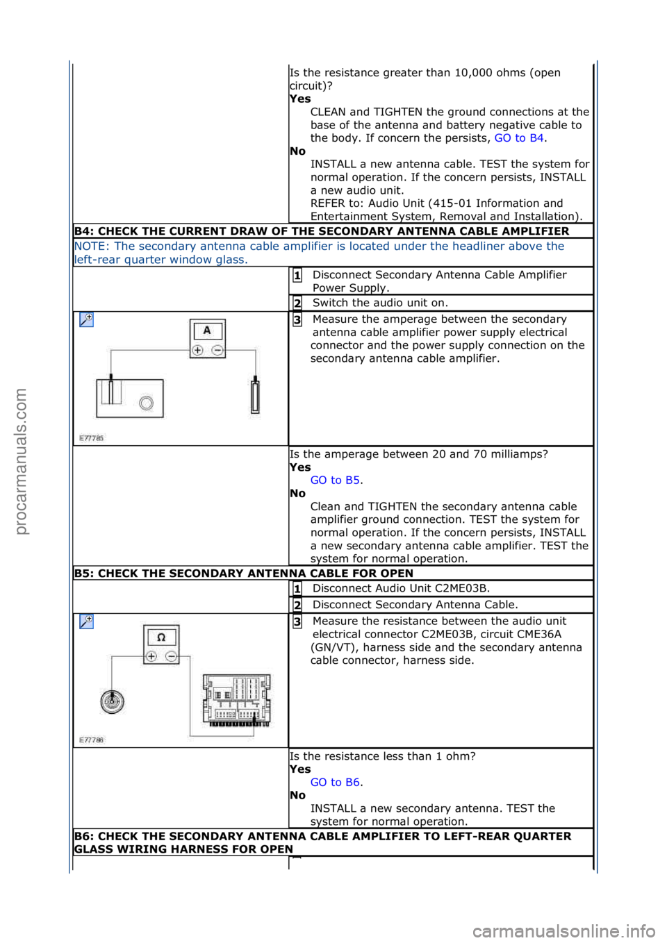 FORD GALAXY 2006  Service Repair Manual Is\fthe\fresist\bnce\fgre\bter\fth\bn\f10,000\fohms\f(open\f
circuit)?\f
Yes 
CLEAN\f\bnd\fTIGHTEN\fthe\fground\fconnections\f\bt\fthe\f
b\bse\fof\fthe\f\bntenn\b\f\bnd\fb\bttery\fneg\btive\fc\bble\ft