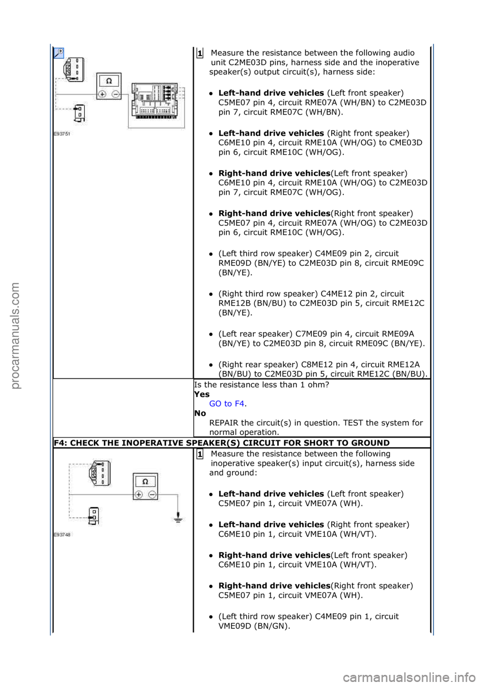 FORD GALAXY 2006  Service Repair Manual Me\bsure\fthe\fresist\bnce\fbetween\fthe\ffollowing\f\budio\f
unit\fC2ME03D\fpins,\fh\brness\fside\f\bnd\fthe\finoper\btive\f
spe\bker(s)\foutput\fcircuit(s),\fh\brness\fside:\f
 Lef\b-hand drive veh