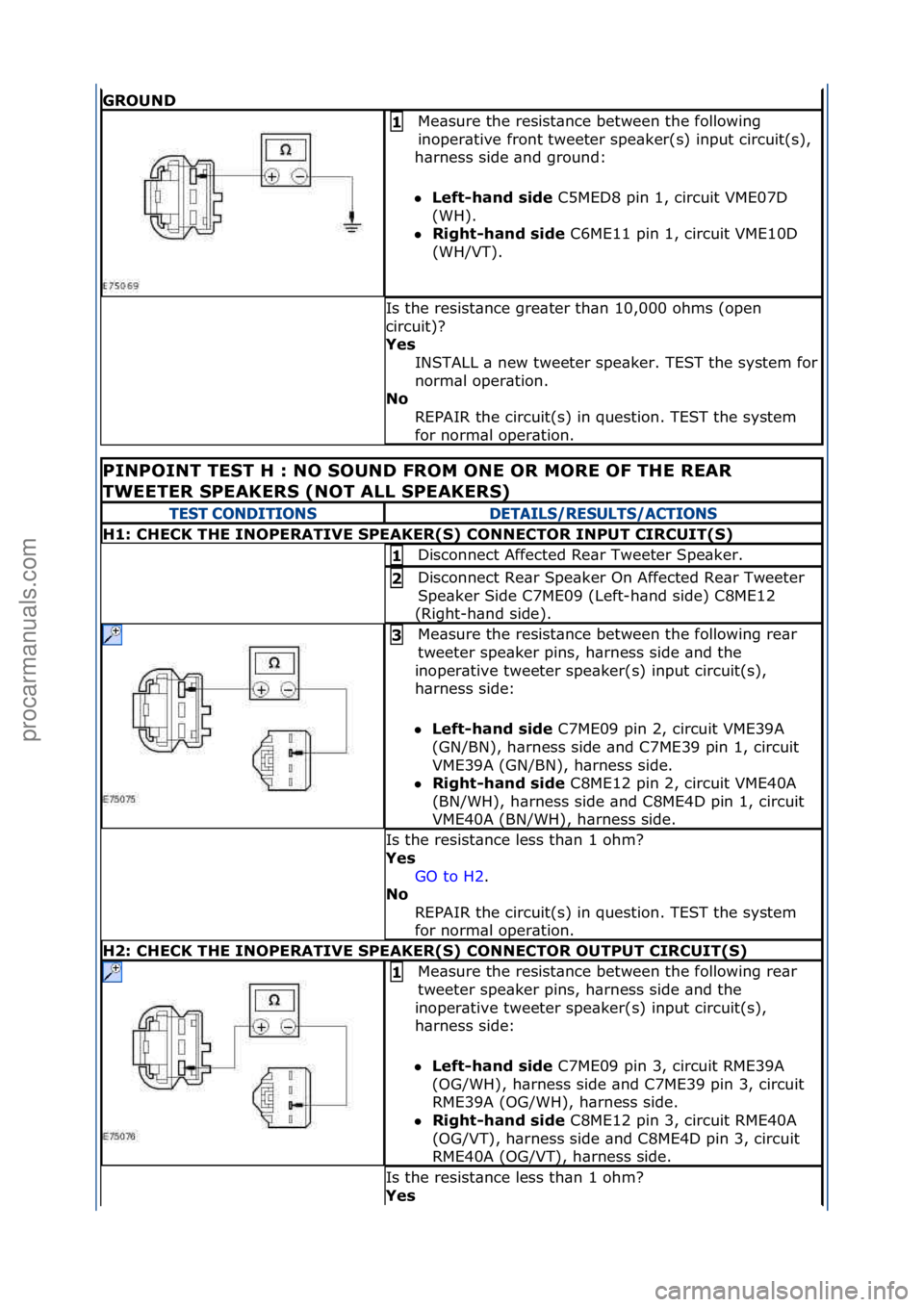 FORD GALAXY 2006  Service Repair Manual GROUND
Me\bsure\fthe\fresist\bnce\fbetween\fthe\ffollowing\f
inoper\btive\ffront\ftweeter\fspe\bker(s)\finput\fcircuit(s),\f
h\brness\fside\f\bnd\fground:\f
 Lef\b-hand side\fC5MED8\fpin\f1,\fcircuit