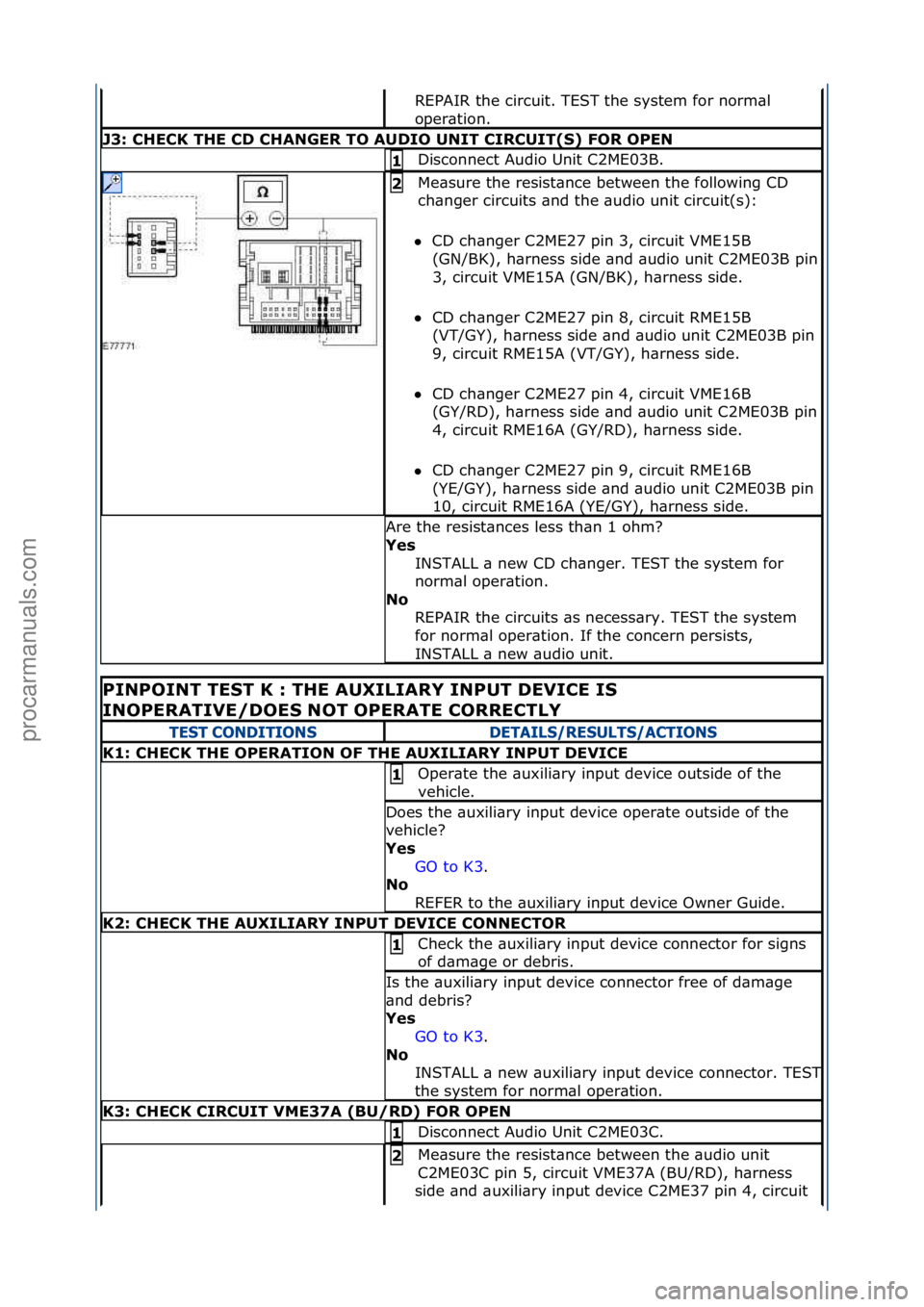 FORD GALAXY 2006 Service Repair Manual REPAIR\fthe\fcircuit.\fTEST\fthe\fsystem\ffor\fnorm\bl\f
oper\btion.\f
J3: CH\fCK TH\f CD CHANG\fR TO AUDIO UNIT CIRCUIT(S) FOR OP\fN
Disconnect\fAudio\fUnit\fC2ME03B.\f1
Me\bsure\fthe\fresist\bnce\f FORD GALAXY 2006 Service Repair Manual REPAIR\fthe\fcircuit.\fTEST\fthe\fsystem\ffor\fnorm\bl\f
oper\btion.\f
J3: CH\fCK TH\f CD CHANG\fR TO AUDIO UNIT CIRCUIT(S) FOR OP\fN
Disconnect\fAudio\fUnit\fC2ME03B.\f1
Me\bsure\fthe\fresist\bnce\f