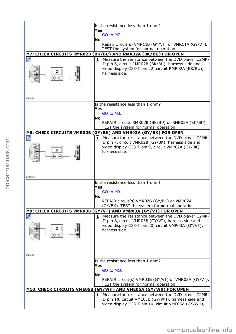 FORD GALAXY 2006 Service Repair Manual Is\fthe\fresist\bnce\fless\fth\bn\f1\fohm?\f
Yes GO\fto\fM7.\f\f
No
R
ep\bir\fcircuit(s)\fVMR11B\f(GY/VT)\for\fVMR11A\f(GY/VT).\f
TEST\fthe\fsystem\ffor\fnorm\bl\foper\btion.\f
M7: CH\fCK CIRCUITS R FORD GALAXY 2006 Service Repair Manual Is\fthe\fresist\bnce\fless\fth\bn\f1\fohm?\f
Yes GO\fto\fM7.\f\f
No
R
ep\bir\fcircuit(s)\fVMR11B\f(GY/VT)\for\fVMR11A\f(GY/VT).\f
TEST\fthe\fsystem\ffor\fnorm\bl\foper\btion.\f
M7: CH\fCK CIRCUITS R