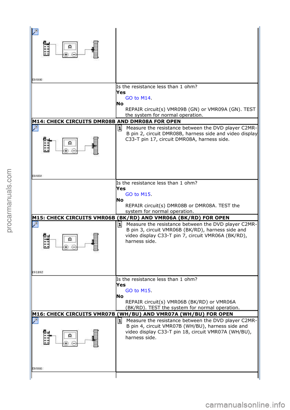 FORD GALAXY 2006 Service Repair Manual Is\fthe\fresist\bnce\fless\fth\bn\f1\fohm?\f
Yes GO\fto\fM14.\f\f
No R
EPAIR\fcircuit(s)\fVMR09B\f(GN)\for\fVMR09A\f(GN).\fTEST\f
the\fsystem\ffor\fnorm\bl\foper\btion.\f
M14: CH\fCK CIRCUITS DMR08B FORD GALAXY 2006 Service Repair Manual Is\fthe\fresist\bnce\fless\fth\bn\f1\fohm?\f
Yes GO\fto\fM14.\f\f
No R
EPAIR\fcircuit(s)\fVMR09B\f(GN)\for\fVMR09A\f(GN).\fTEST\f
the\fsystem\ffor\fnorm\bl\foper\btion.\f
M14: CH\fCK CIRCUITS DMR08B