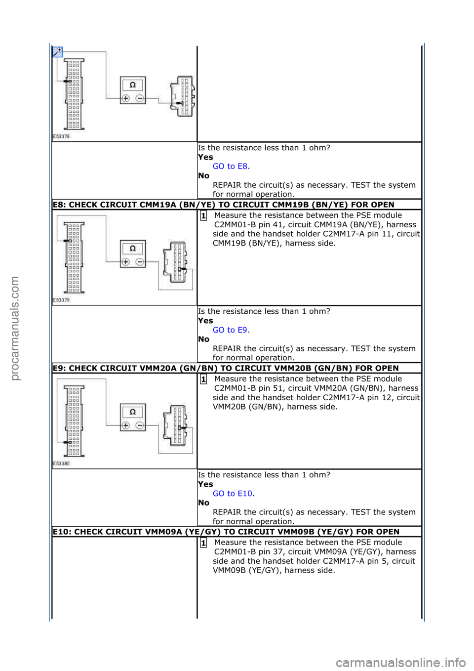 FORD GALAXY 2006 Service Repair Manual Is\fthe\fresist\bnce\fless\fth\bn\f1\fohm?\f
Yes GO\fto\fE8 .\f\f
No R
EPAIR\fthe\fcircuit(s)\f\bs\fnecess\bry.\fTEST\fthe\fsystem\f
for\fnorm\bl\foper\btion.\f
\f8: CH\fCK CIRCUIT CMM19A (BN/Y\f) T FORD GALAXY 2006 Service Repair Manual Is\fthe\fresist\bnce\fless\fth\bn\f1\fohm?\f
Yes GO\fto\fE8 .\f\f
No R
EPAIR\fthe\fcircuit(s)\f\bs\fnecess\bry.\fTEST\fthe\fsystem\f
for\fnorm\bl\foper\btion.\f
\f8: CH\fCK CIRCUIT CMM19A (BN/Y\f) T