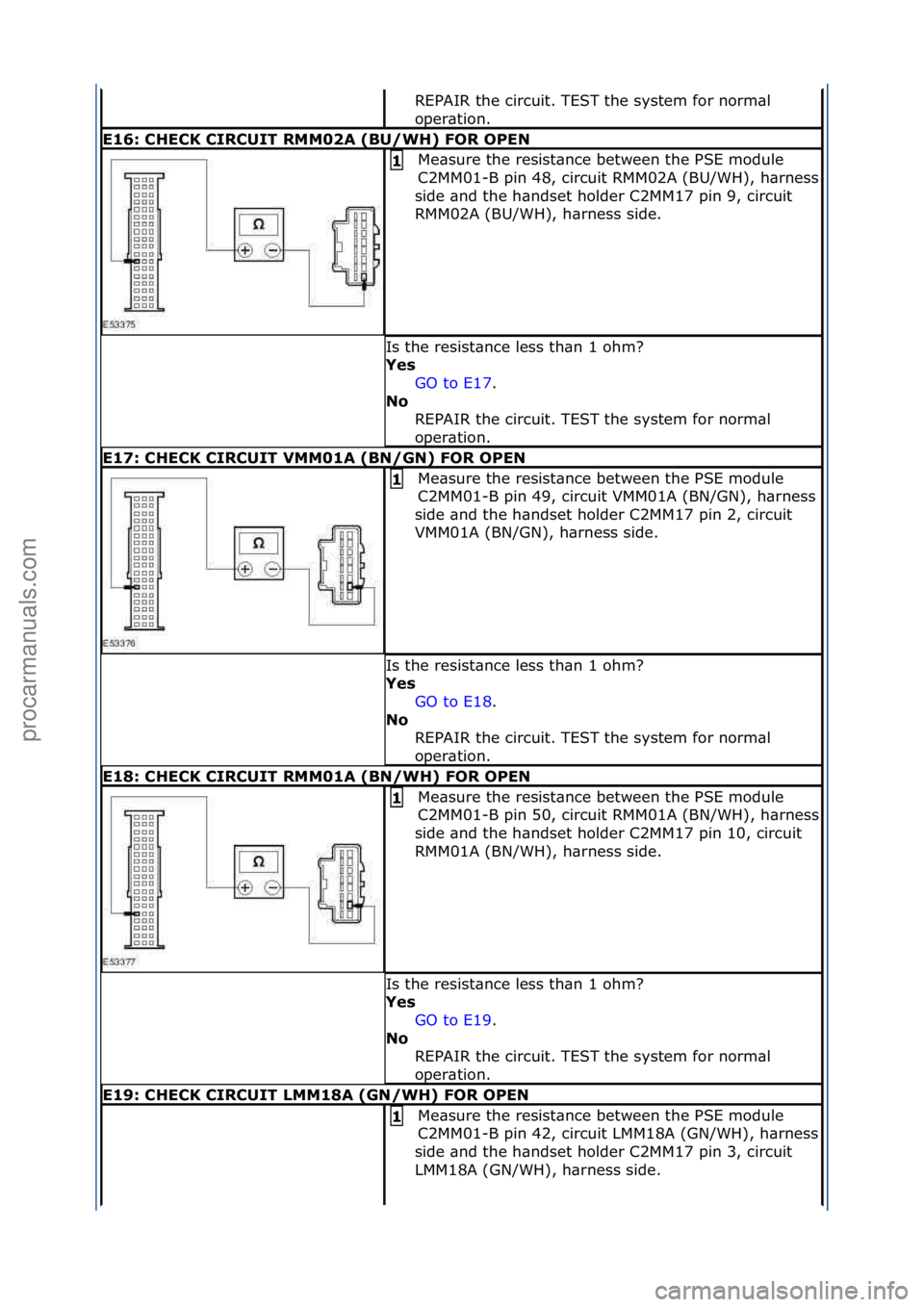 FORD GALAXY 2006 Service Repair Manual REPAIR\fthe\fcircuit.\fTEST\fthe\fsystem\ffor\fnorm\bl\f
oper\btion.\f
\f16: CH\fCK CIRCUIT RMM02A (BU/WH) FOR OP\fN
Me\bsure\fthe\fresist\bnce\fbetween\fthe\fPSE\fmodule\f
C2MM01-
B\fpin\f48,\fcircui FORD GALAXY 2006 Service Repair Manual REPAIR\fthe\fcircuit.\fTEST\fthe\fsystem\ffor\fnorm\bl\f
oper\btion.\f
\f16: CH\fCK CIRCUIT RMM02A (BU/WH) FOR OP\fN
Me\bsure\fthe\fresist\bnce\fbetween\fthe\fPSE\fmodule\f
C2MM01-
B\fpin\f48,\fcircui