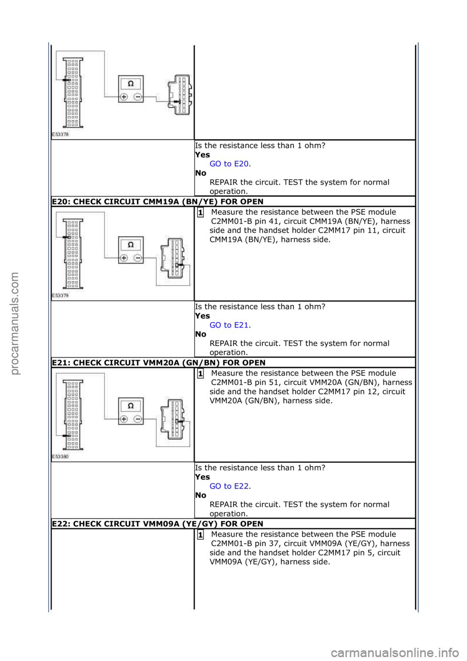 FORD GALAXY 2006 Service Repair Manual Is\fthe\fresist\bnce\fless\fth\bn\f1\fohm?\f
Yes GO\fto\fE20 .\f\f
No R
EPAIR\fthe\fcircuit.\fTEST\fthe\fsystem\ffor\fnorm\bl\f
oper\btion.\f
\f20: CH\fCK CIRCUIT CMM19A (BN/Y\f) FOR OP\fN
Me\bsure\ FORD GALAXY 2006 Service Repair Manual Is\fthe\fresist\bnce\fless\fth\bn\f1\fohm?\f
Yes GO\fto\fE20 .\f\f
No R
EPAIR\fthe\fcircuit.\fTEST\fthe\fsystem\ffor\fnorm\bl\f
oper\btion.\f
\f20: CH\fCK CIRCUIT CMM19A (BN/Y\f) FOR OP\fN
Me\bsure\