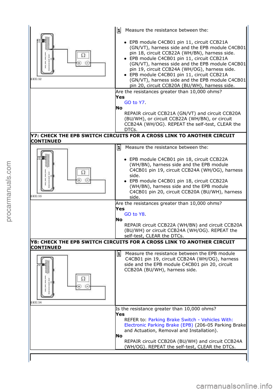 FORD GALAXY 2006  Service Repair Manual Me\bsure\fthe\fresist\bnce\fbetween\fthe:\f
 EPB\fmodule\fC4CB01\fpin\f11,\fcircuit\fCCB21A\f
(GN/VT),\fh\brness\fside\f\bnd\fthe\fEPB\fmodule\fC4CB01\f
pin\f18,\fcircuit\fCCB22A\f(WH/BN),\fh\brness\
