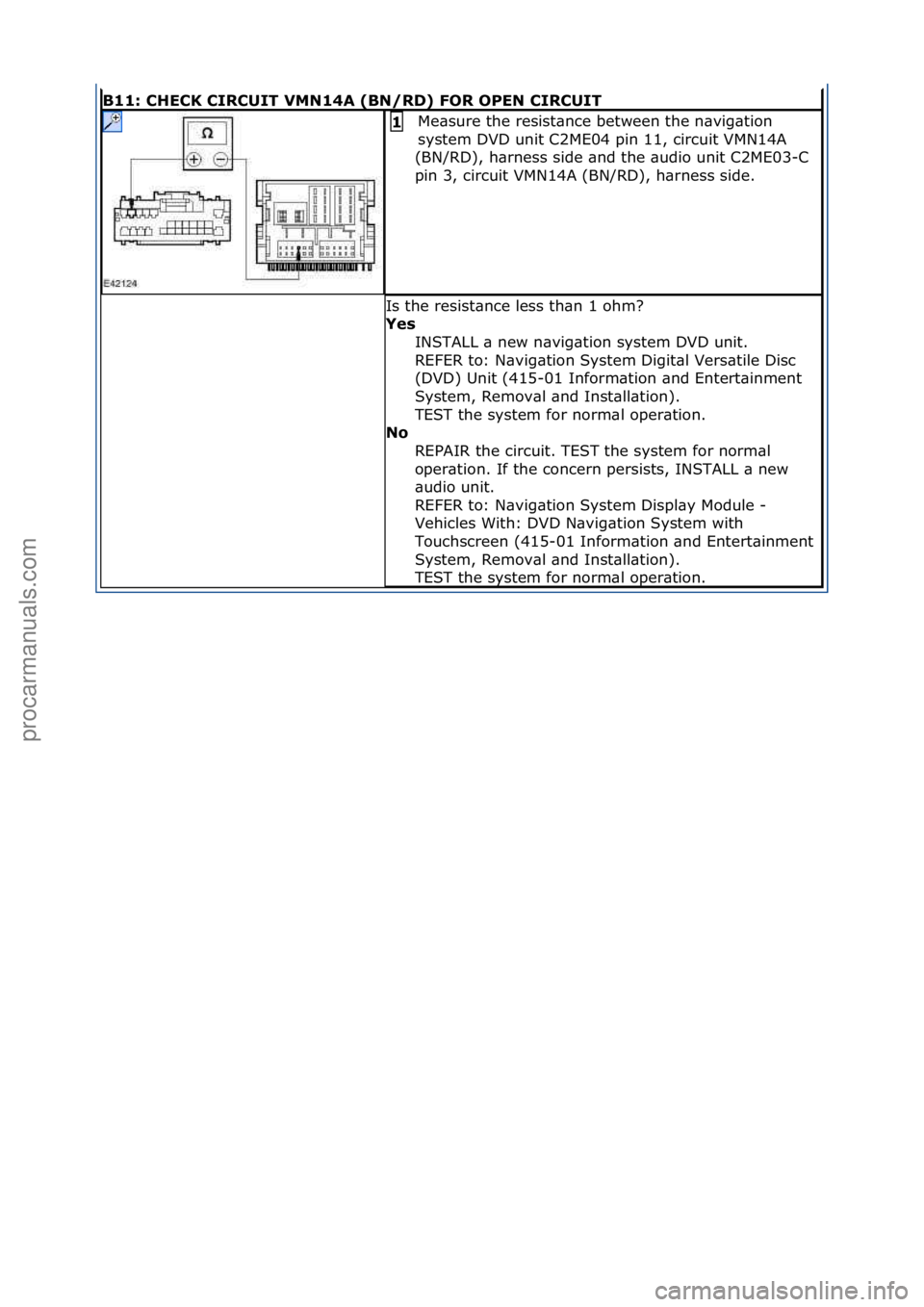 FORD GALAXY 2006  Service Repair Manual B11: CH\fCK CIRCUIT VMN14A (BN/RD) FOR OP\fN CIRCUIT
Me\bsure\fthe\fresist\bnce\fbetween\fthe\fn\bvig\btion\f
system\fDVD\funit\fC2ME04\fpin\f11,\fcircuit\fVMN14A\f
(BN/RD),\fh\brness\fside\f\bnd\fthe