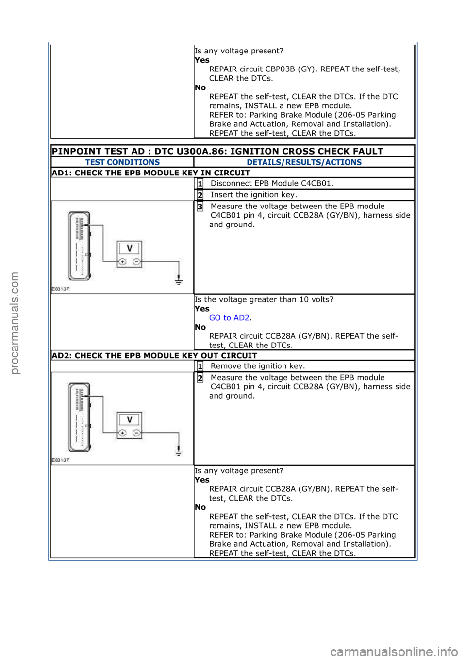 FORD GALAXY 2006  Service Repair Manual Is\f\bny\fvolt\bge\fpresent?\f
Yes\bREPAIR\fcircuit\fCBP03B\f(GY).\fREPEAT\fthe\fself-test,\f
CLEAR\fthe\fDTCs.\f
No\b REPEAT\fthe\fself-test,\fCLEAR\fthe\fDTCs.\fIf\fthe\fDTC\f
rem\bins,\fINSTALL\f\b