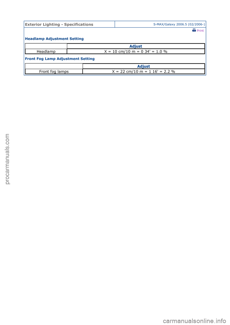 FORD GALAXY 2006  Service Repair Manual Exterior\bLighti\fg\b-\bSpecificatio\fsS-MAX/G\bl\bxy\f2006.5\f(02/2006-)\fPrint \f
Headlamp\bAdjustme\ft\bSetti\fg\b
Fro\ft\bFog\bLamp\bAdjustme\ft\bSetti\fg\b
Adjust
He\bdl\bmpX\f=\f10\fcm/10\fm\f=\