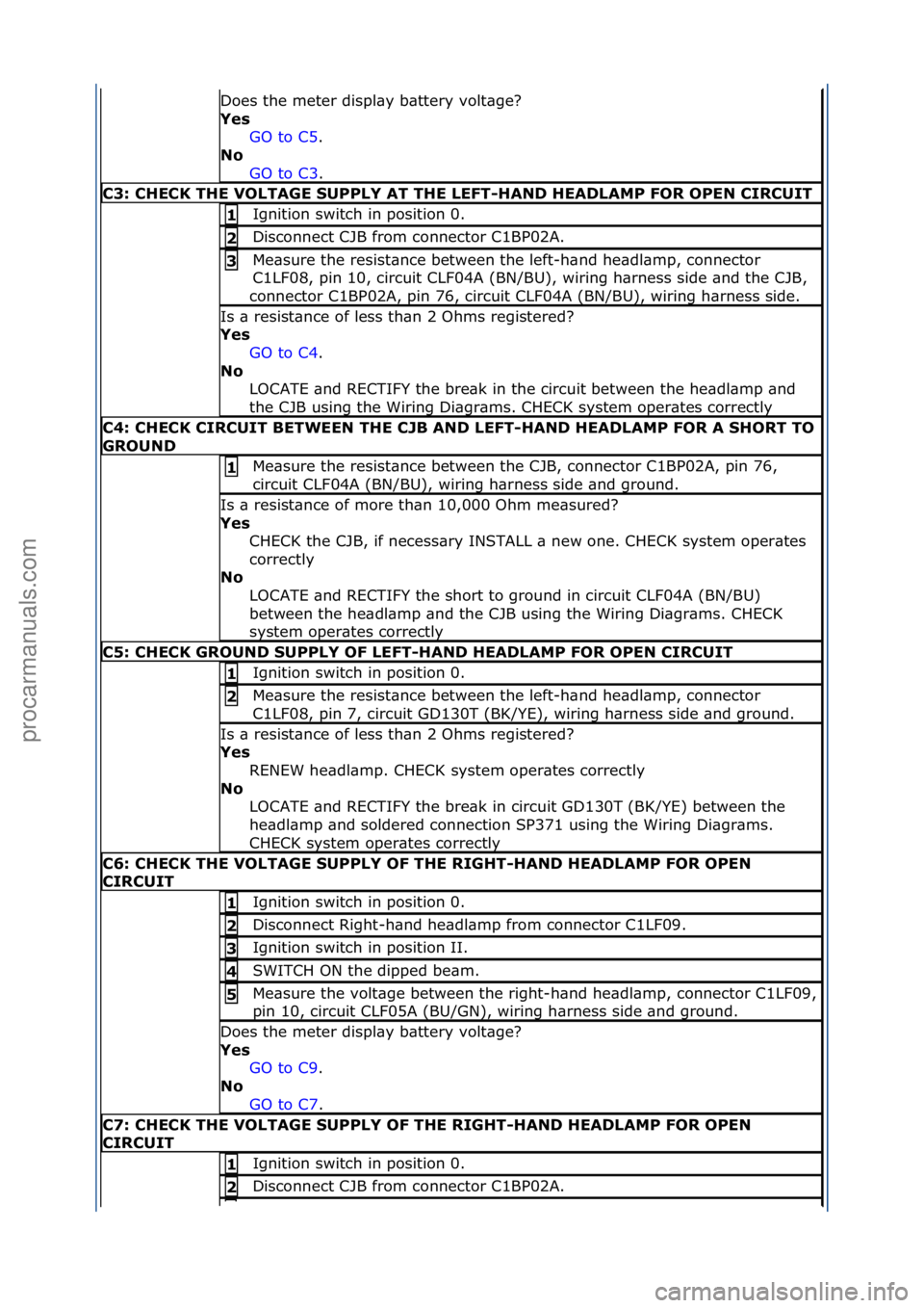 FORD GALAXY 2006 Service Repair Manual Does\fthe\fmeter\fdispl\by\fb\bttery\fvolt\bge?\f
Yes\bGO\fto\fC5 .\f\f
No\b
GO
\fto\fC3 .\f\f
C3:\bCHECK\bTHE\bVOLTAGE\bSUPPLY\bAT\bTHE\bLEFT-HAND\bHEADLAMP\bFOR\bOPEN\bCIRCUIT
Ignition\fswitch\fin\ FORD GALAXY 2006 Service Repair Manual Does\fthe\fmeter\fdispl\by\fb\bttery\fvolt\bge?\f
Yes\bGO\fto\fC5 .\f\f
No\b
GO
\fto\fC3 .\f\f
C3:\bCHECK\bTHE\bVOLTAGE\bSUPPLY\bAT\bTHE\bLEFT-HAND\bHEADLAMP\bFOR\bOPEN\bCIRCUIT
Ignition\fswitch\fin\