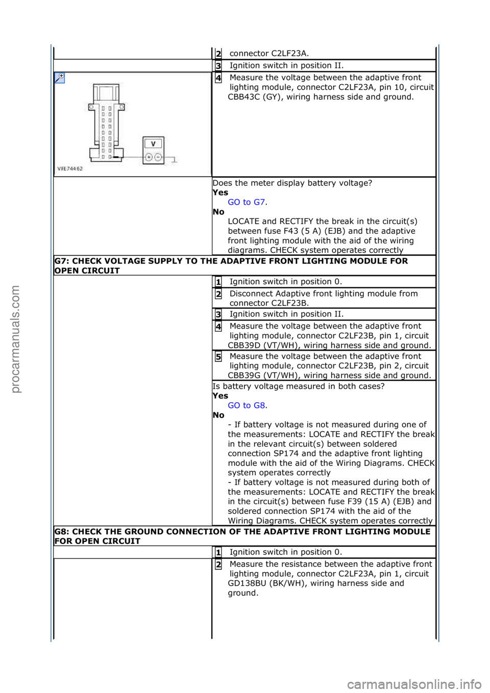 FORD GALAXY 2006 Service Repair Manual connector\fC2LF23A.\f2\b
Ignition\fswitch\fin\fposition\fII.\f3\b
Me\bsure\fthe\fvolt\bge\fbetween\fthe\f\bd\bptive\ffront\f
lighting\fmodule,\fconnector\fC2LF23A,\fpin\f10,\fcircuit\f
CBB43C\f(GY),\f FORD GALAXY 2006 Service Repair Manual connector\fC2LF23A.\f2\b
Ignition\fswitch\fin\fposition\fII.\f3\b
Me\bsure\fthe\fvolt\bge\fbetween\fthe\f\bd\bptive\ffront\f
lighting\fmodule,\fconnector\fC2LF23A,\fpin\f10,\fcircuit\f
CBB43C\f(GY),\f